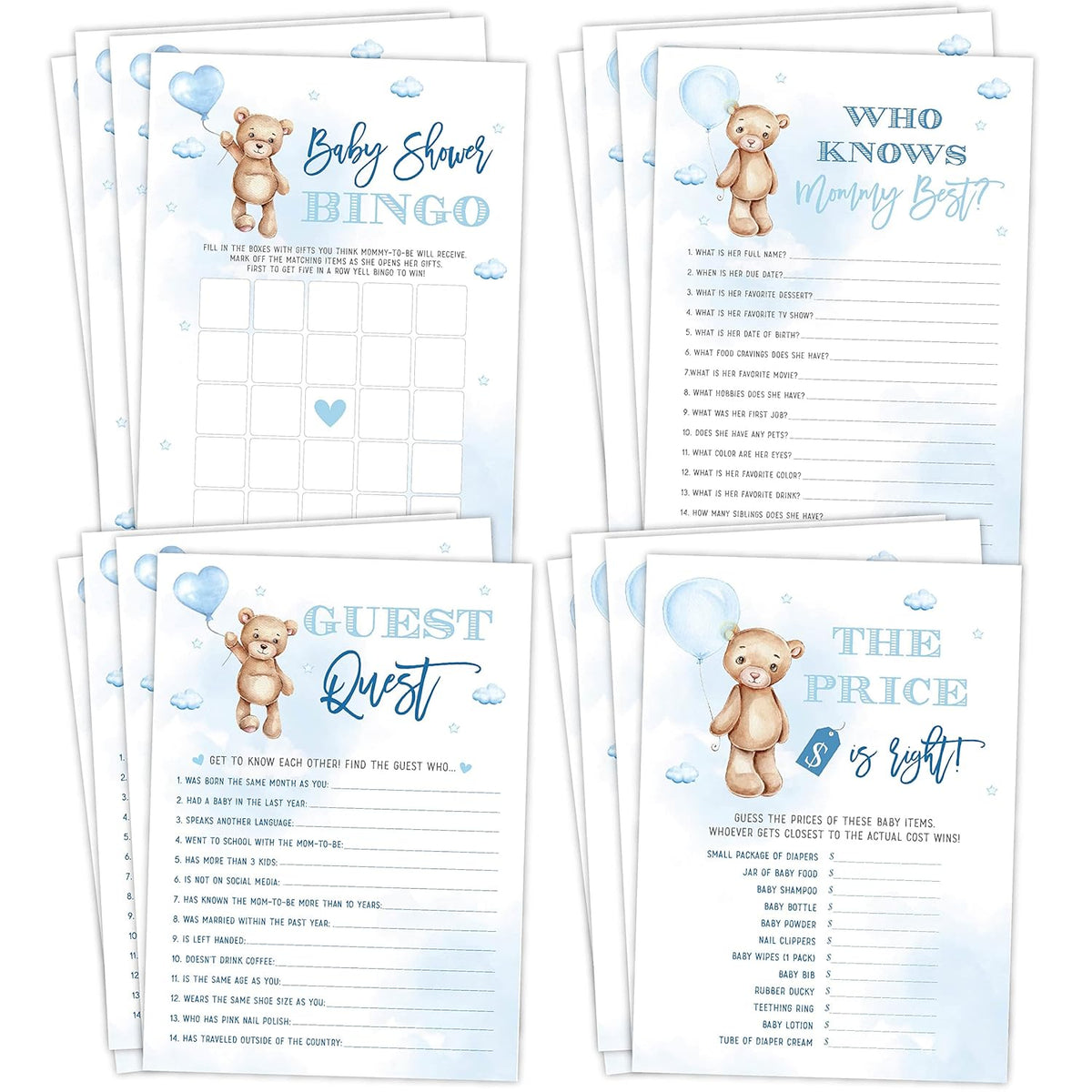 Boy Baby Shower Games, Can Bearly Wait Blue Sky Bingo, Find The Guest, The Price Is Right, Who Knows Mommy Best, 25 Games Each