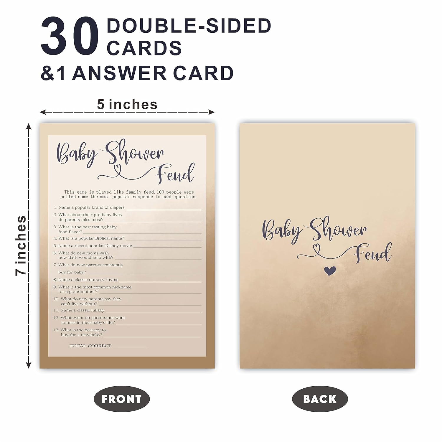 Family Feud Game Card For Baby Shower, 5"X 7" Khaki Double Sided Fill-In Game Set For Baby Boy Or Girl, 30 Cards & 1 Answer Card, Gender Reveal Games, Party Favor & Decorations - F5