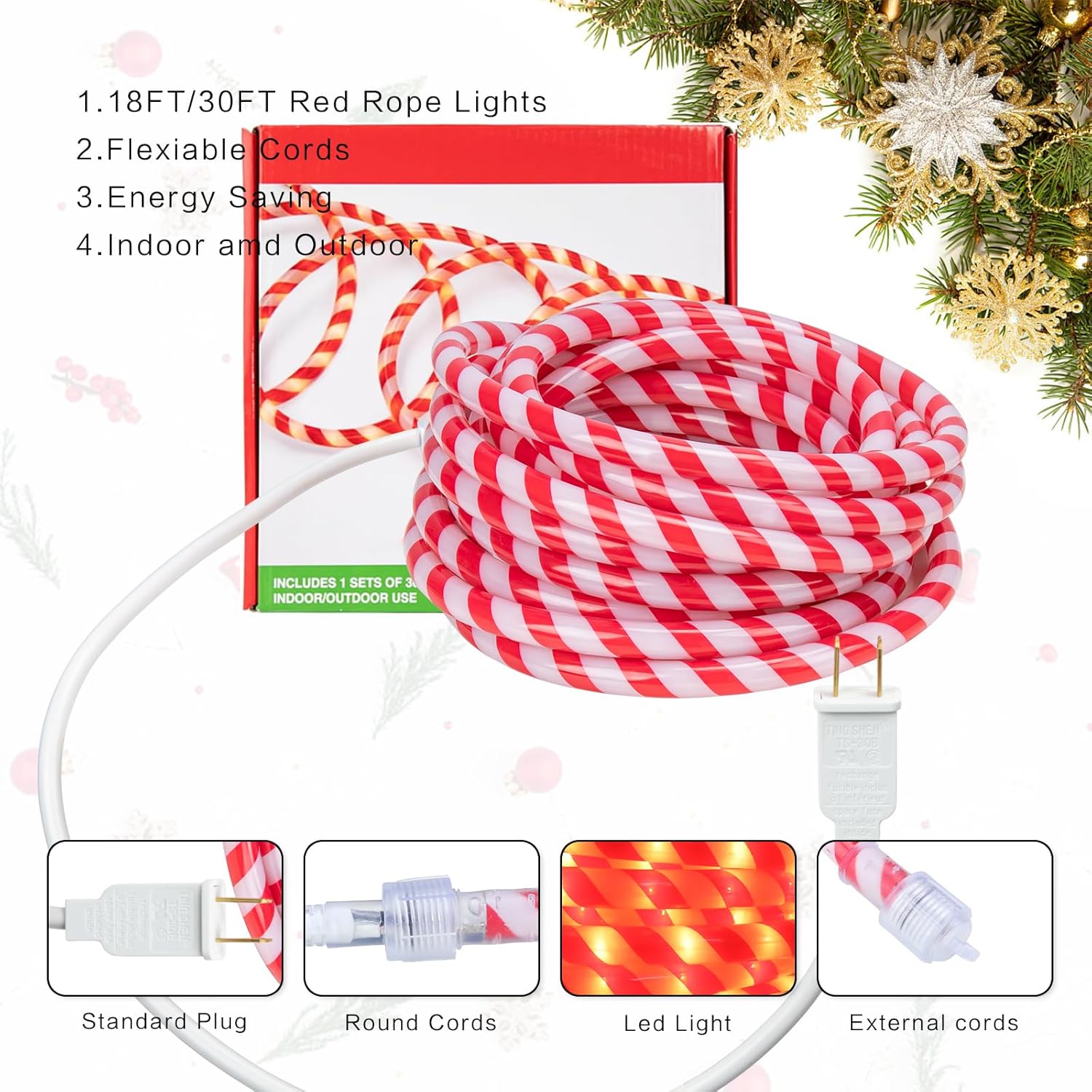 Christmas Candy Cane Rope Lights - 18Ft Led Rope Lights Outdoor Waterproof Decorative Christmas Lights For Holiday Party Home Patio Indoor Xmas Decorations(216 Leds)