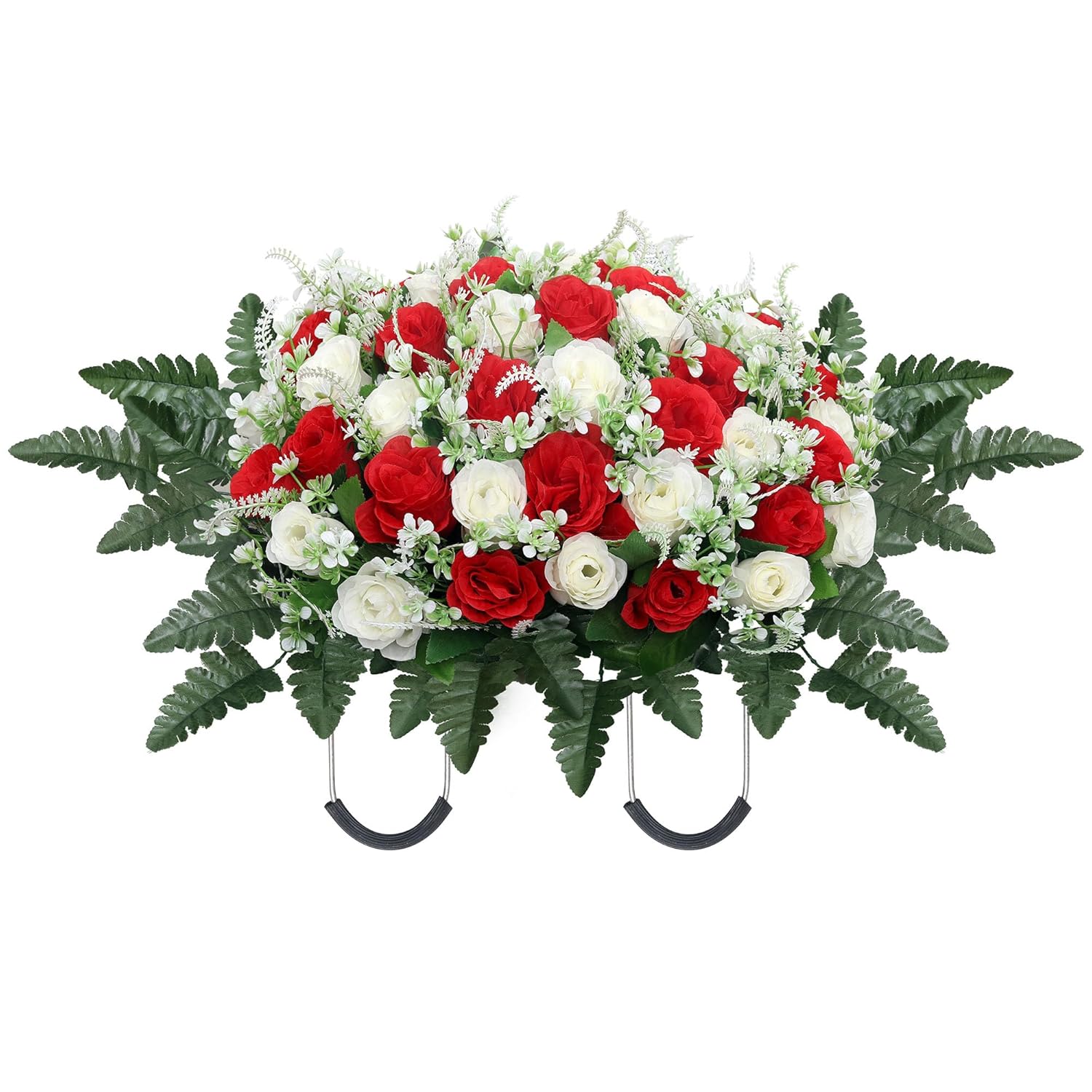 Headstone Flower Saddle,Large Artificial Cemetery Flowers For Grave,Cemetery Memorial Flowers For Outdoor Tombstone Decorations (Red White)