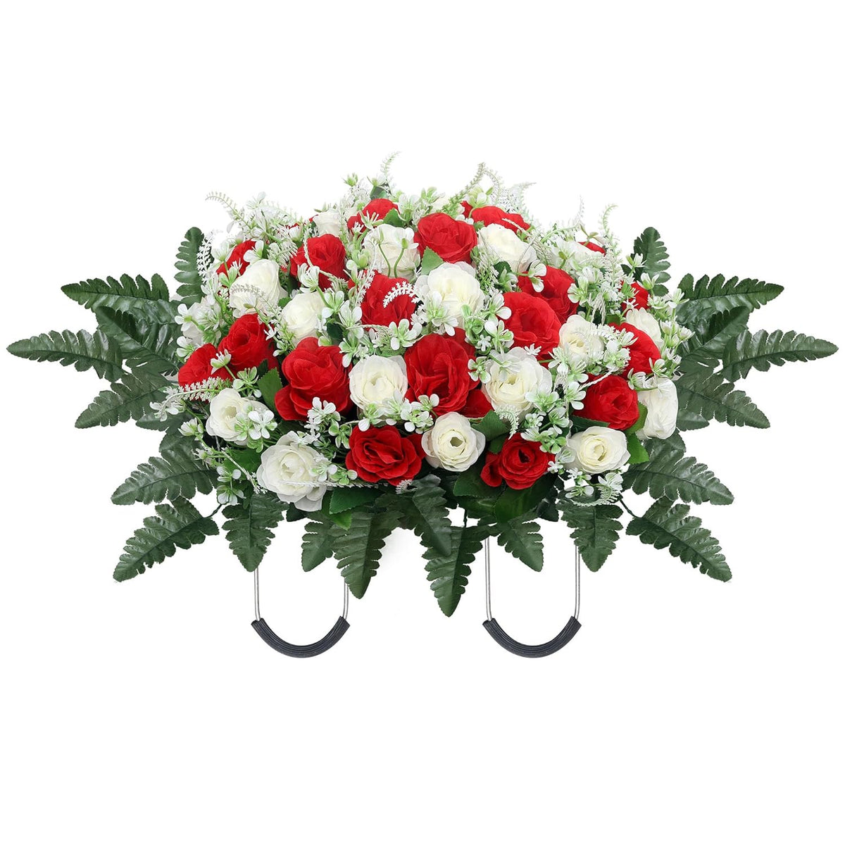 Headstone Flower Saddle,Large Artificial Cemetery Flowers For Grave,Cemetery Memorial Flowers For Outdoor Tombstone Decorations (Red White)