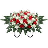 Headstone Flower Saddle,Large Artificial Cemetery Flowers For Grave,Cemetery Memorial Flowers For Outdoor Tombstone Decorations (Red White)
