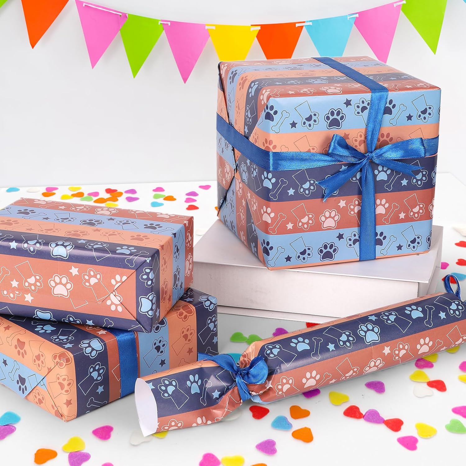 Blue Orange Dog Wrapping Paper, 8 Sheets Cartoon Puppy Paw Patterns Gift Wrap Paper For Kids Boys Girls Happy Birthday Baby Shower Theme Party Greeting Holiday Decoration Supplies| 19.7×27.6 Inch