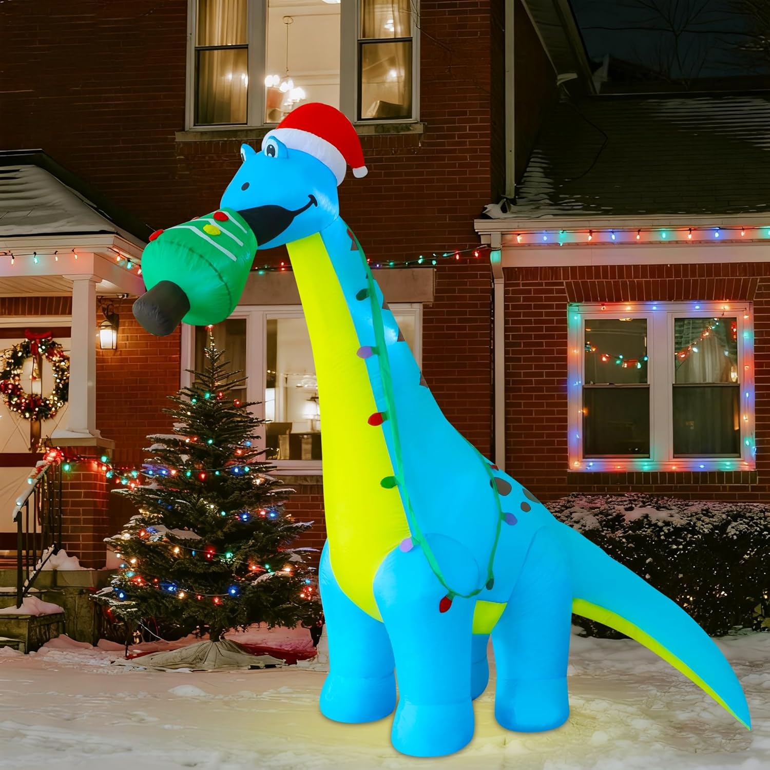 12 Ft Christmas Inflatable Outdoor Decorations, Large Blow Up Dinosaur Inflatables With Santa Hat Christmas Tree Light U