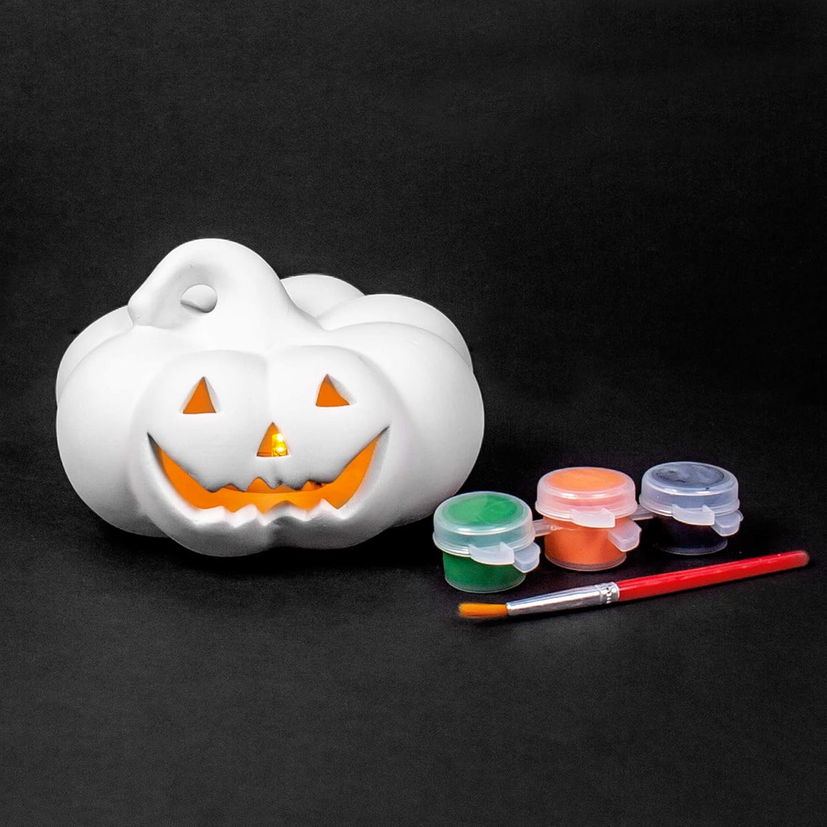 Horizon Group Usa Paint Your Own Ceramic Pumpkin, Mini Led Light Up Pumpkin, 3 Acrylic Paint Pots, Mini Paintbrush