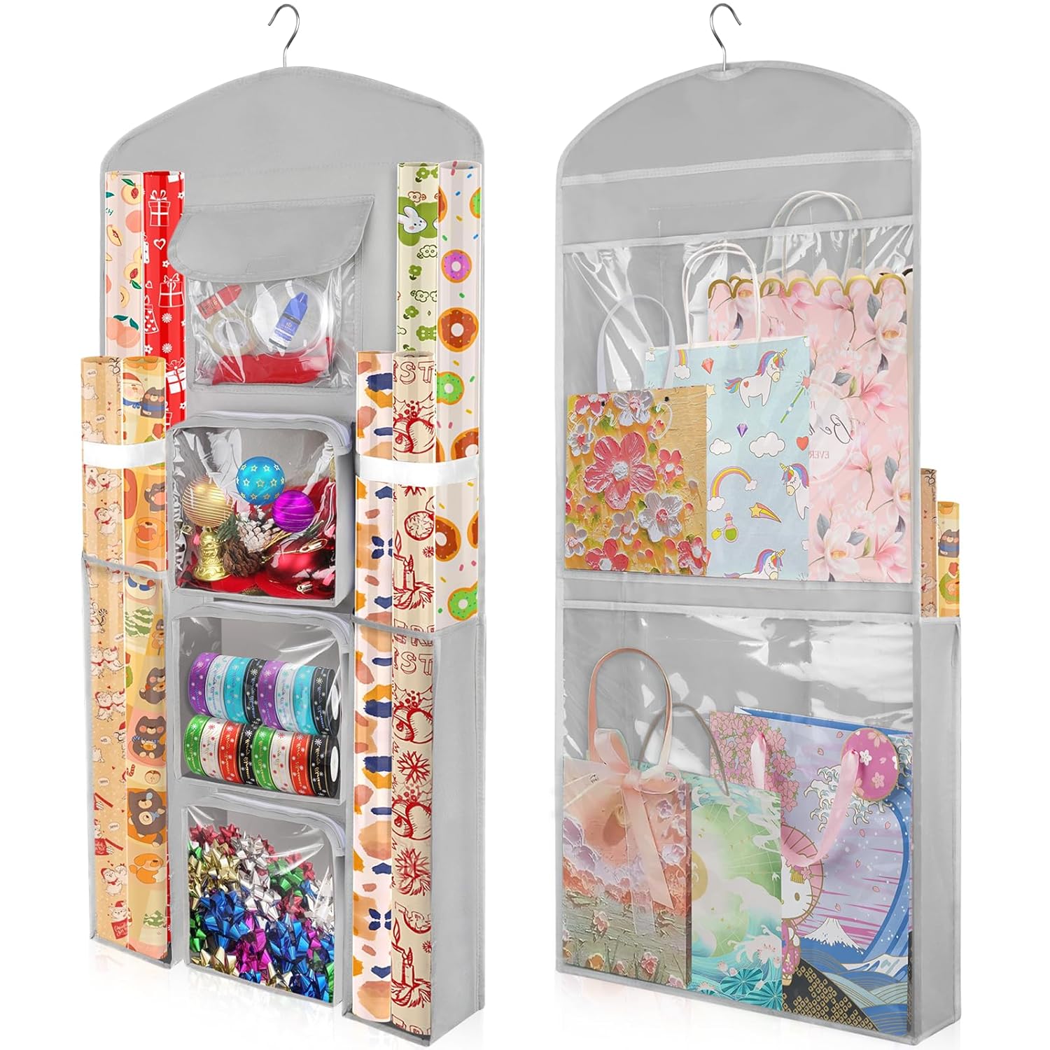 Hanging Gift Wrapping Paper Storage, 40"X17" Grey Double-Sided Christmas Wrapper Bag Container, Oxford Craft Roll Organizer, Present Wrap Holder For Bedroom Closet, Door, Cabinet