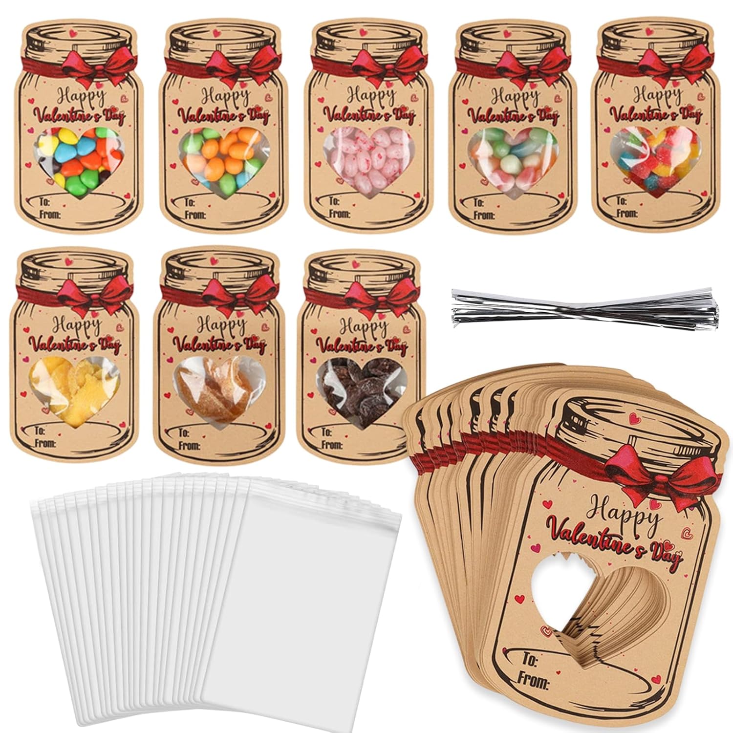24 Pack Valentines Day Cards Happy Valentines Day Candy Bags Kits Funny Valentine Exchange Cards Cute Candy Cookies Desserts Treat Bags For School Exchange Party Favors(Candy Not Included)