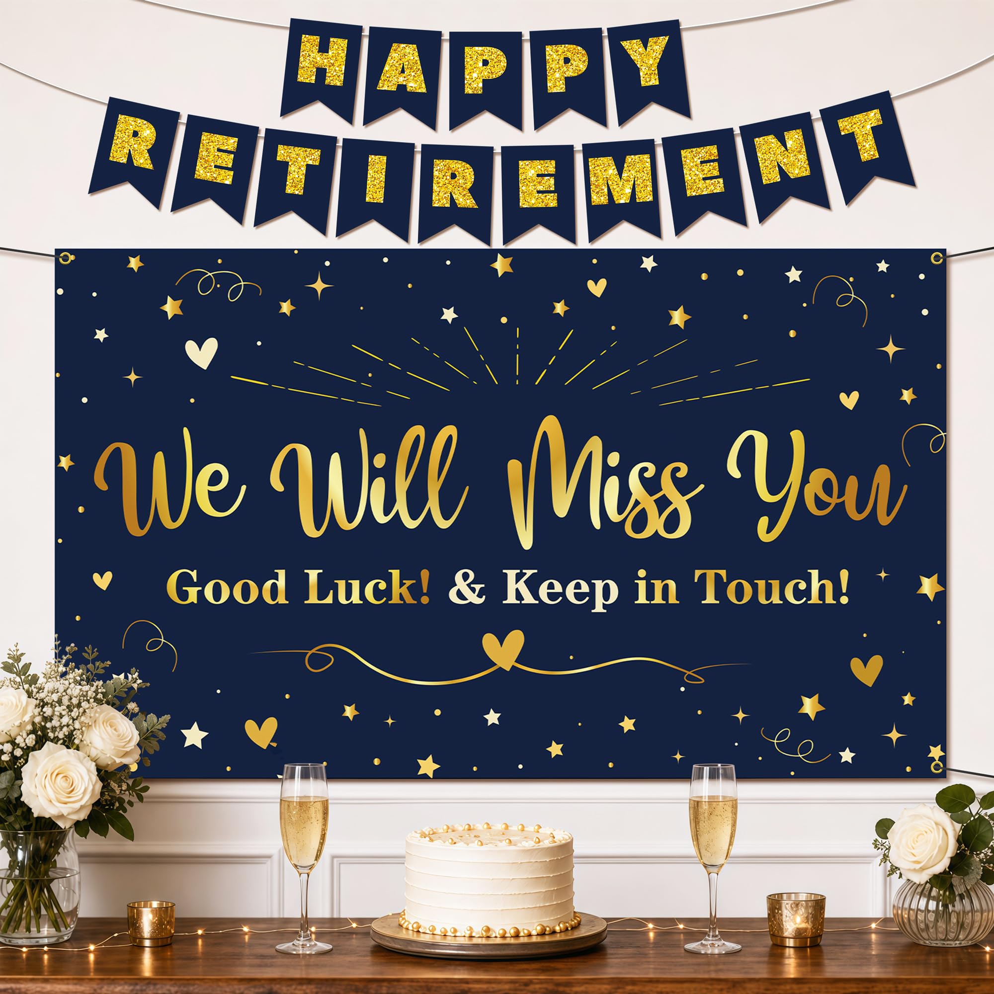 Retirement Party Decorations, Blue Gold We Will Miss You Backdrop Set