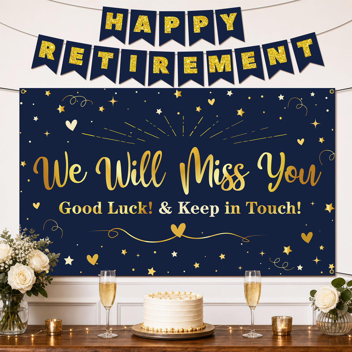 Retirement Party Decorations, Blue Gold We Will Miss You Backdrop Set