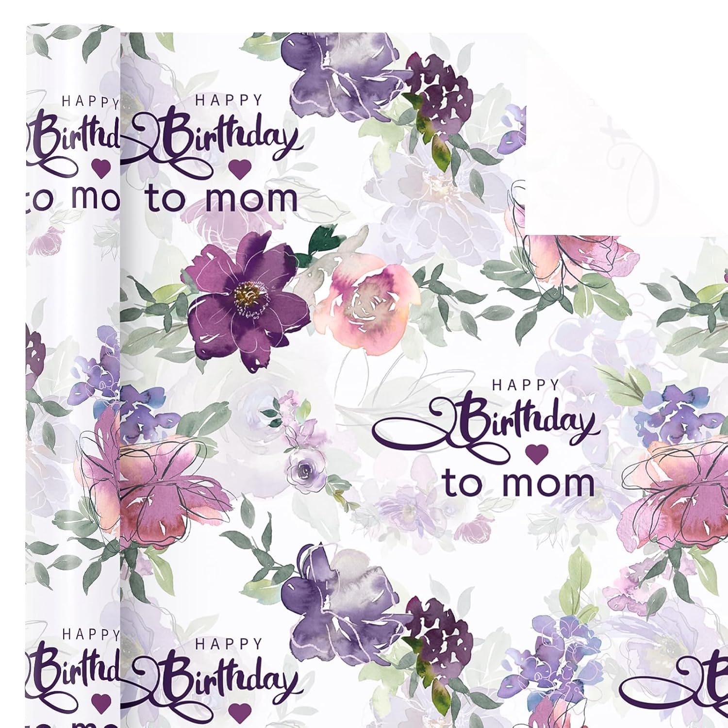 Birthday Wrapping Paper Roll For Mom - Mini Roll - 17 Inch X 16.5 Feet - Happy Birthday To Mom Lettering With Purple Flower Design