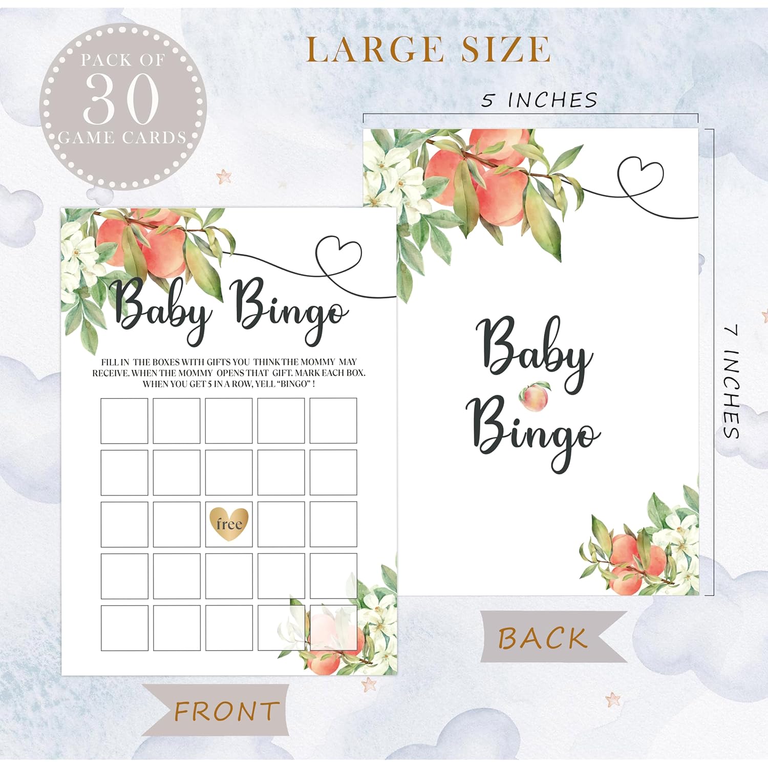 White Floral Peach Baby Bingo Game, Baby Shower Game, Pack Of 30 Game Cards, Gender Neutral Boy Or Girl, Fun Baby Game And Activity - Fa32