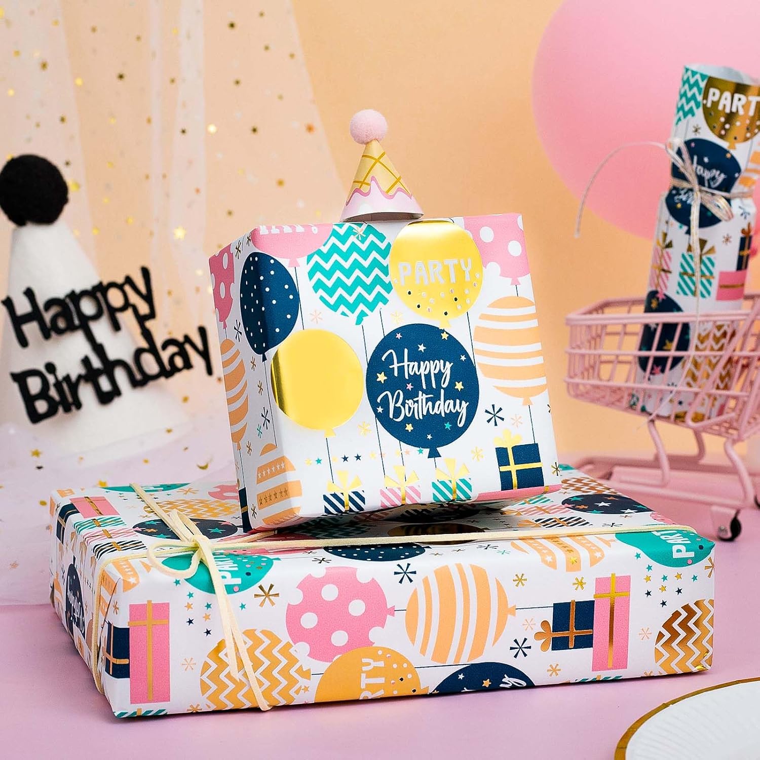 Birthday Wrapping Paper Roll - Cute Colorful Balloon With Gold Foil Metallic Shine Gift Wrap Paper For Birthday, Baby Shower, Party - Mini Roll - 17 Inch X 33 Feet