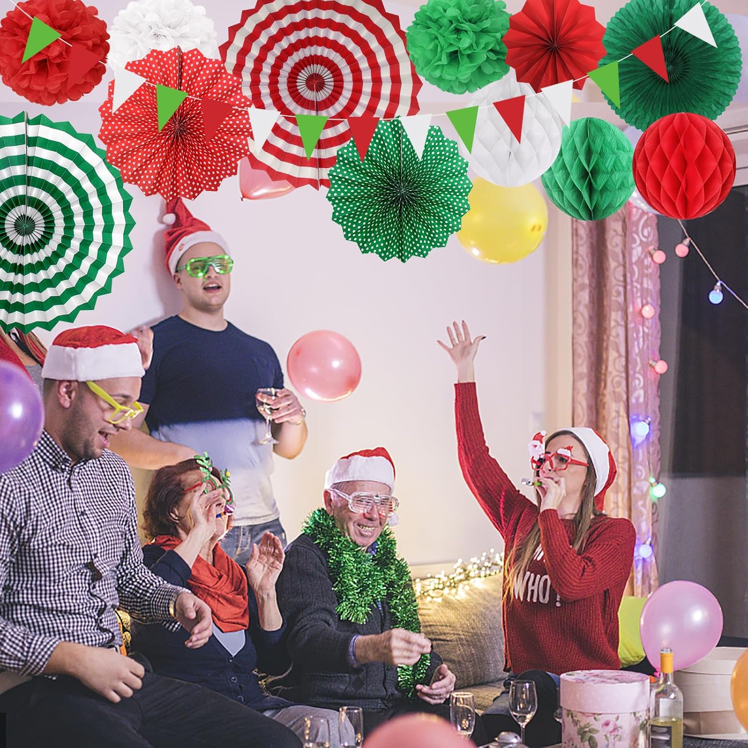 Red-Green White Party-Decorations - 30Pcs Mexico Italy Tissue Pom Poms Honeycomb Ball, Tassel Garland Banner, Mexican Italian Christmas Birthday Wedding Graduation Wedding Baby Shower Decor Bunting