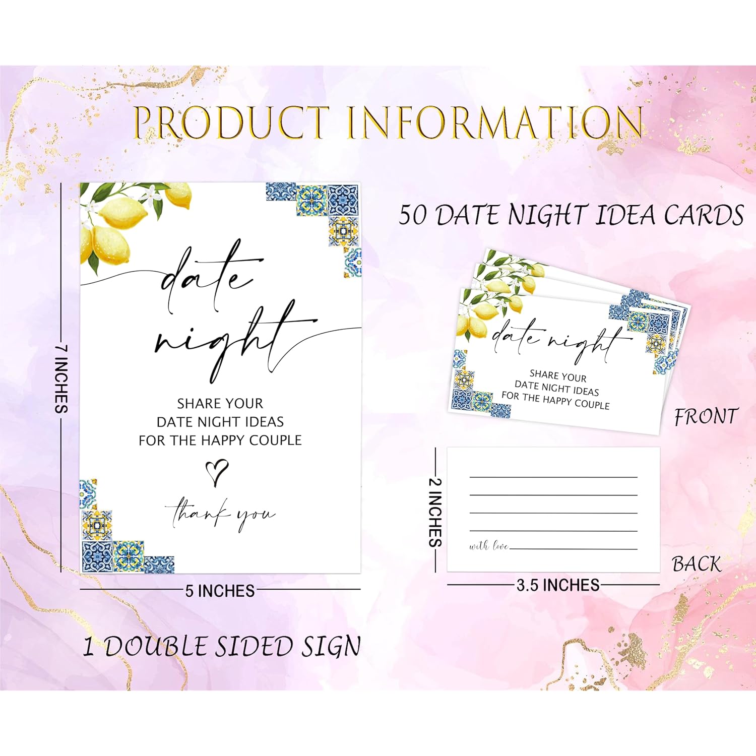 Blue Tiles And Lemons Date Night Game, Date Night Ideas Sign With 50 Cards, Bridal Shower Game, Modern Bridal Shower Decorations, Wedding Date Night Advice - 02