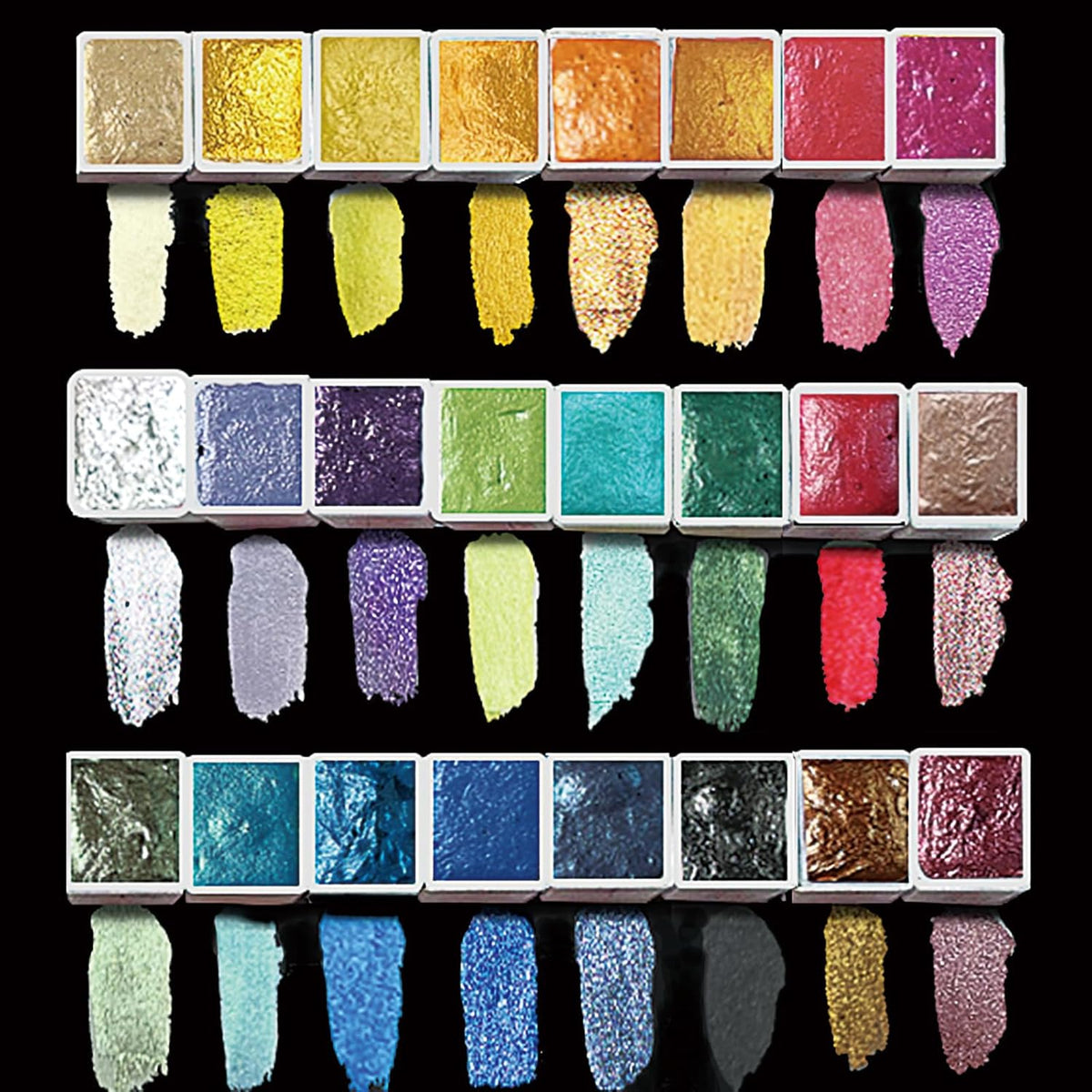 Metallic Watercolor Paint Set For Adult Artists, 24 Glitter Solid Water Color Paint 2Ml Handmade Half Pans Metal Case Sparkle Pearlescent Watercolour Painting Art Supplies