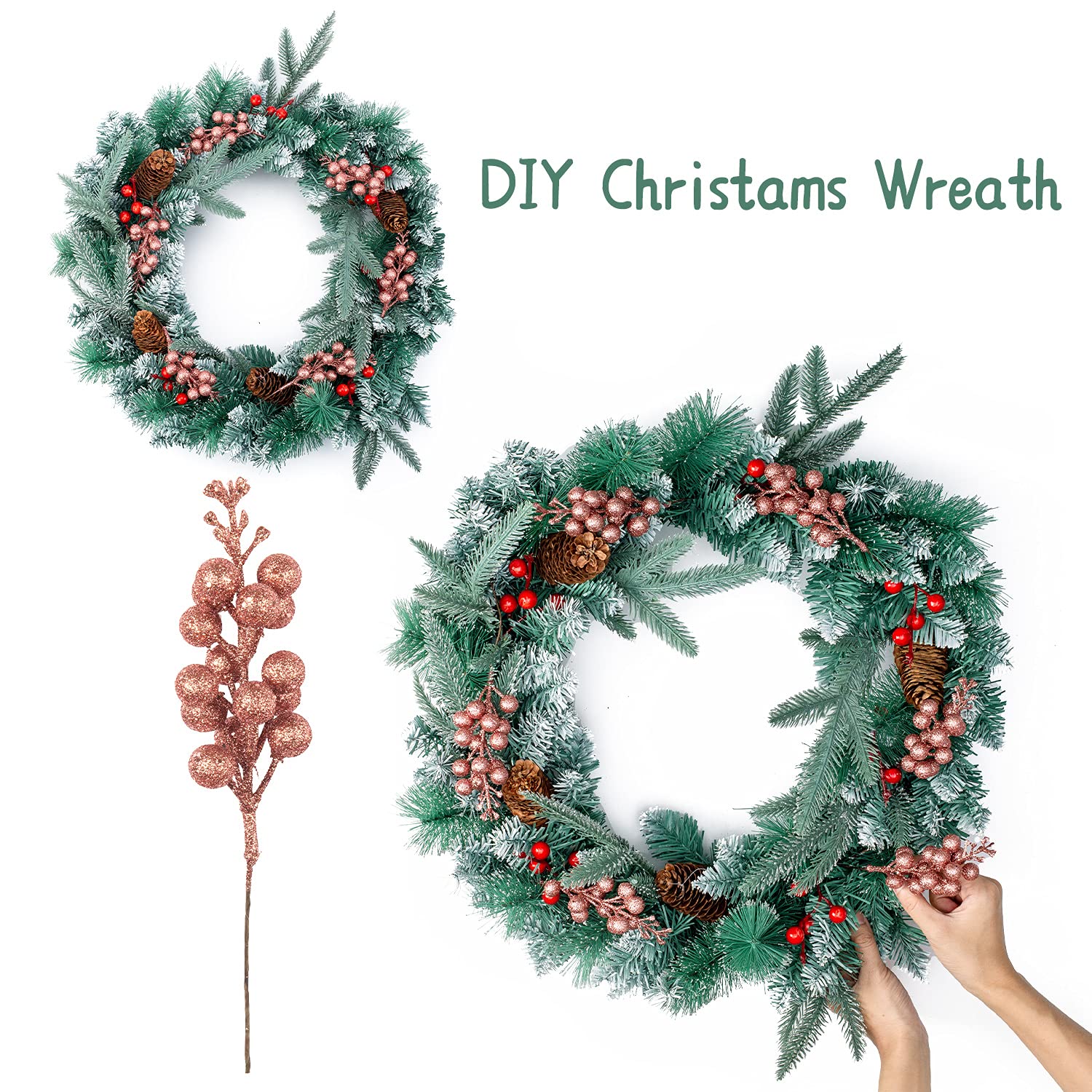24 Pack Rose Gold Christmas Glitter Berries Stems Artificial Christmas Picks For Christmas Tree Ornaments Wreath, Crafts, Holiday And Home Decor