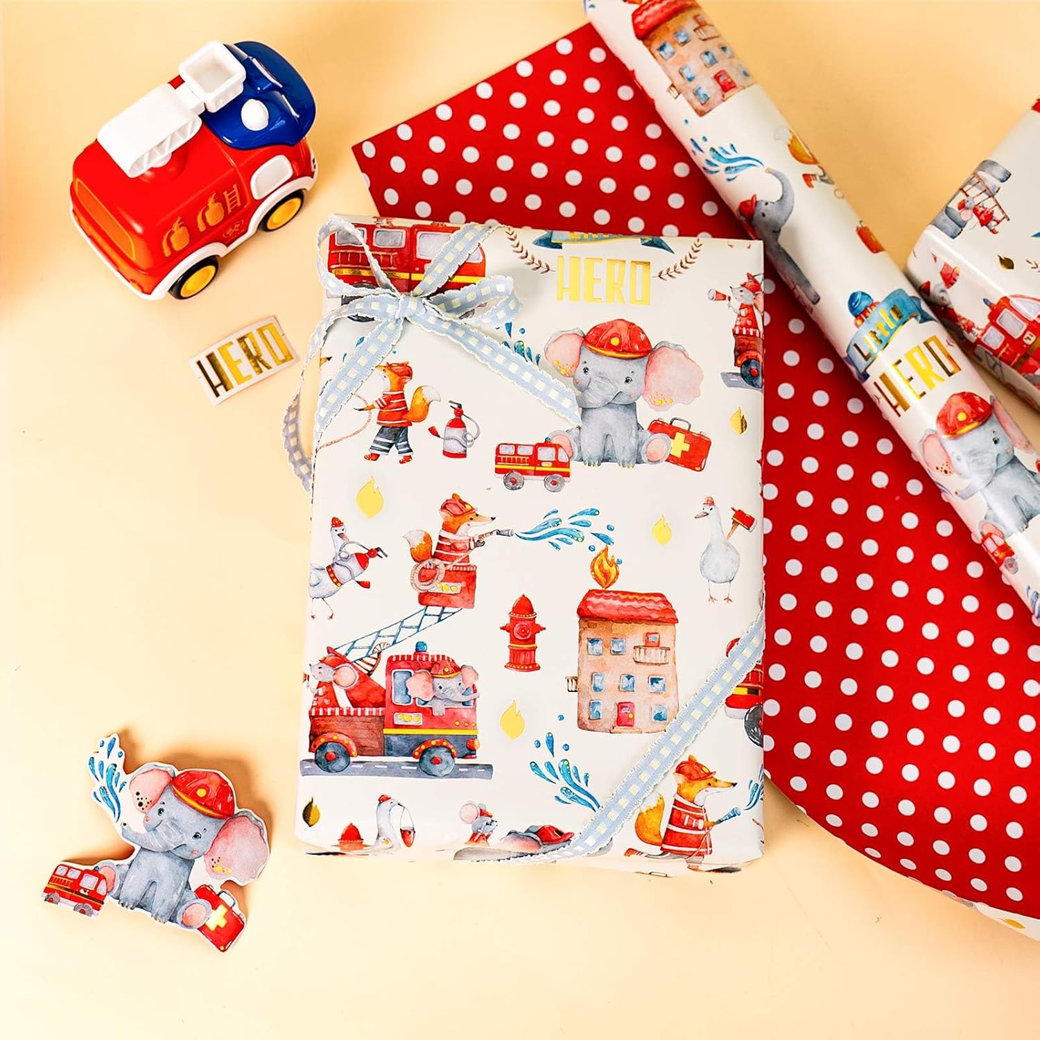 Gift Wrapping Paper Roll, 17 Inch X 33 Feet Cute Elephant Firefighter Wrap Paper With Polka Dot For Birthday Party Boys Girls Baby Shower