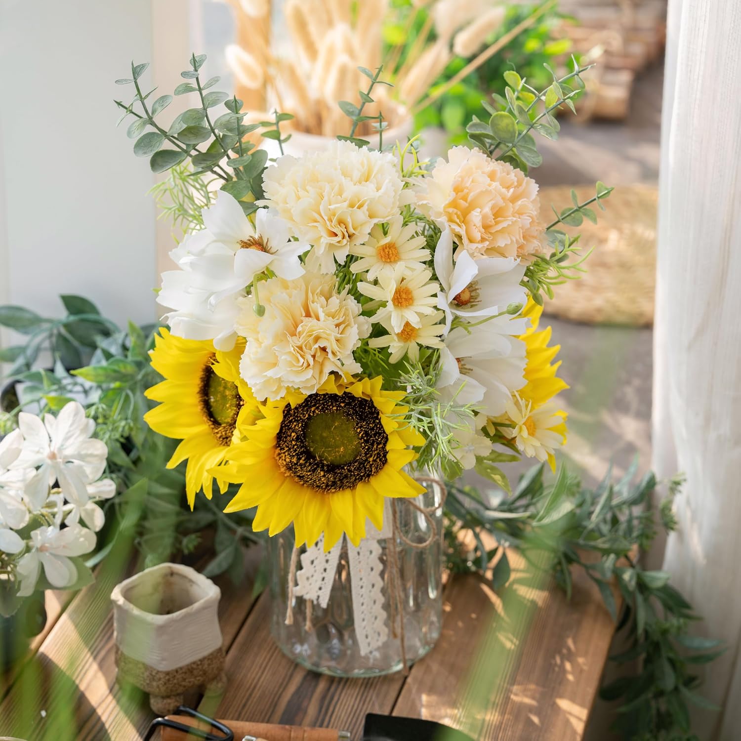 Fake Flowers Artificial Sunflowers With Vase, Faux Silk Carnation,Daisy Flowers For Home Office Decorations, Kitchen Dining Table Decor, Farmhouse Centerpiece Table Decoration