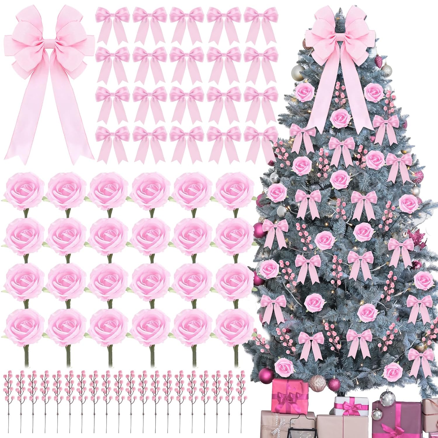 61 Pcs Rose Christmas Tree Decoration Include Faux Rose Artificial Berries Small Ribbon Bows Big Topper Bow Holiday Decorations Set For Home Wreaths Xmas Tree (Pink)