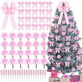 61 Pcs Rose Christmas Tree Decoration Include Faux Rose Artificial Berries Small Ribbon Bows Big Topper Bow Holiday Decorations Set For Home Wreaths Xmas Tree (Pink)