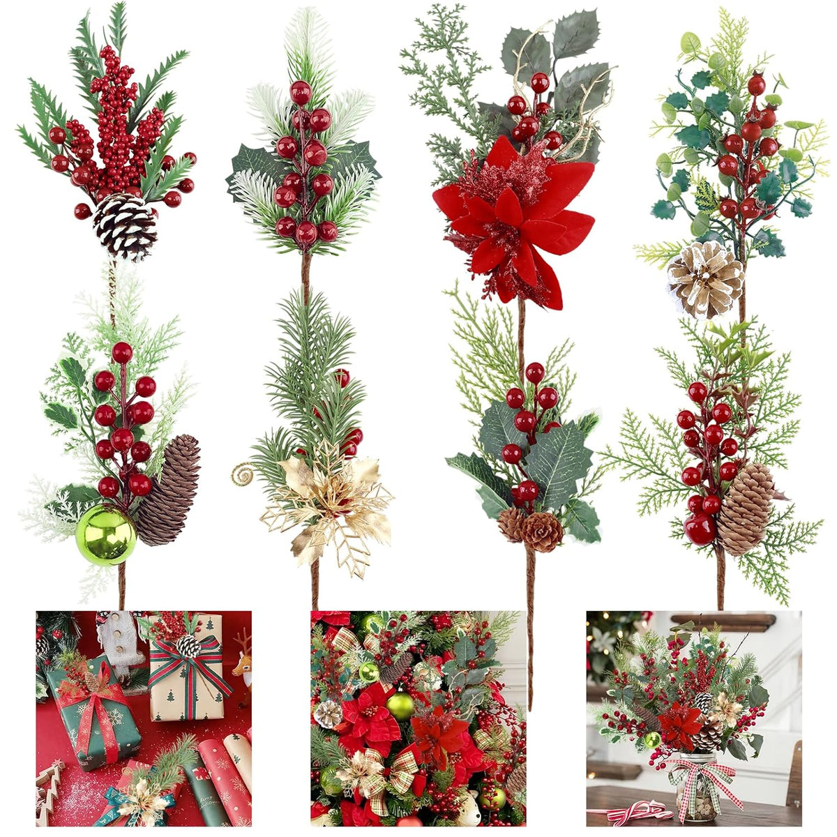 8Pcs Pines Cones Red Berry Stems Picks Christmas Pinecones Berry Faux Red Holly Berry Pine Cones Christmas Picks And Sprays Picks Artificial Pine Branches Holly Stem For Holiday Wreath Garland