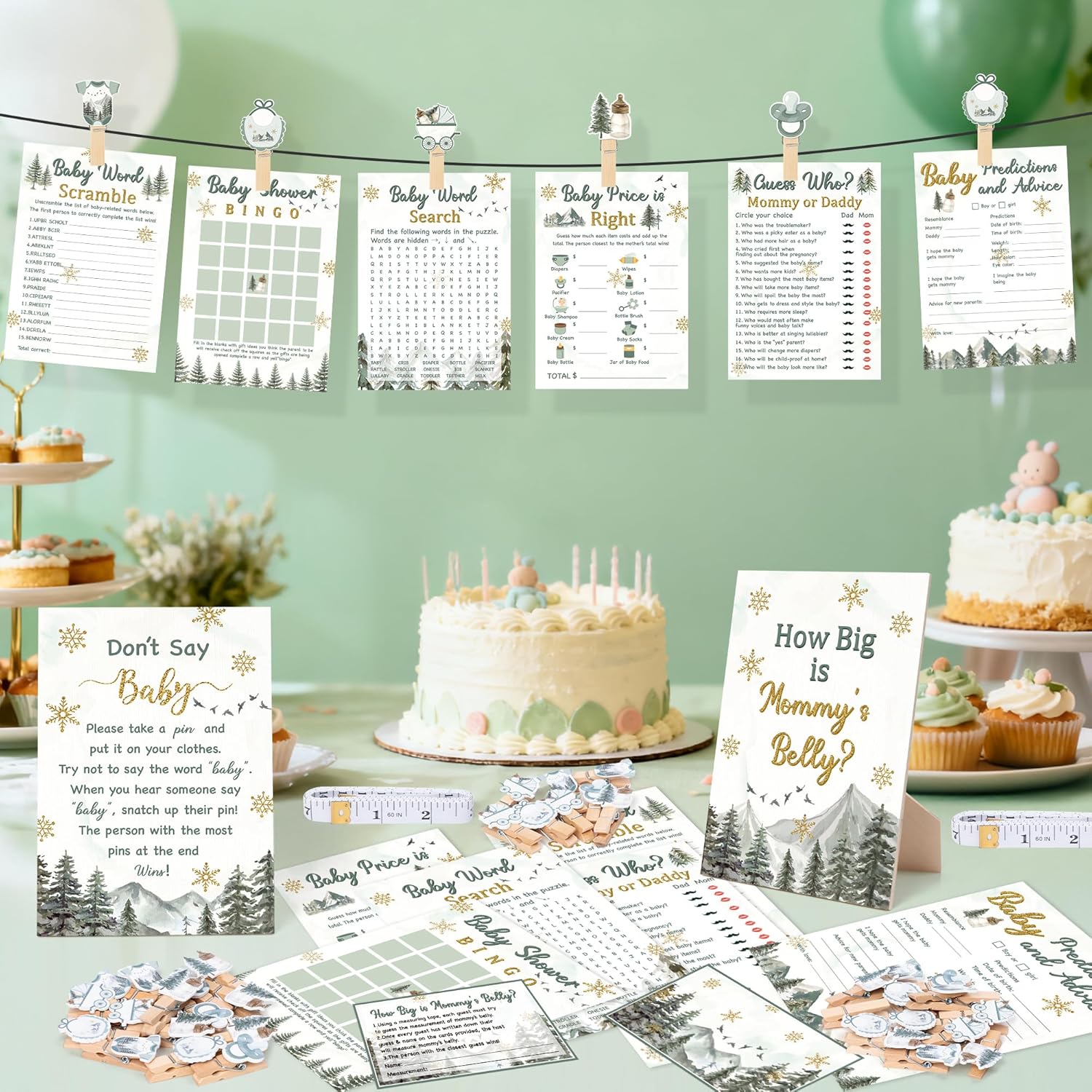 424Pcs Winter Baby Shower Game Set-8 Games Baby It'S Cold Outside Winter Wonderland Snowflake Decorations, Includes Bingo Word Scramble Fun & Easy To Play How Big Is Mommy'S Belly, Don'T Say The Word