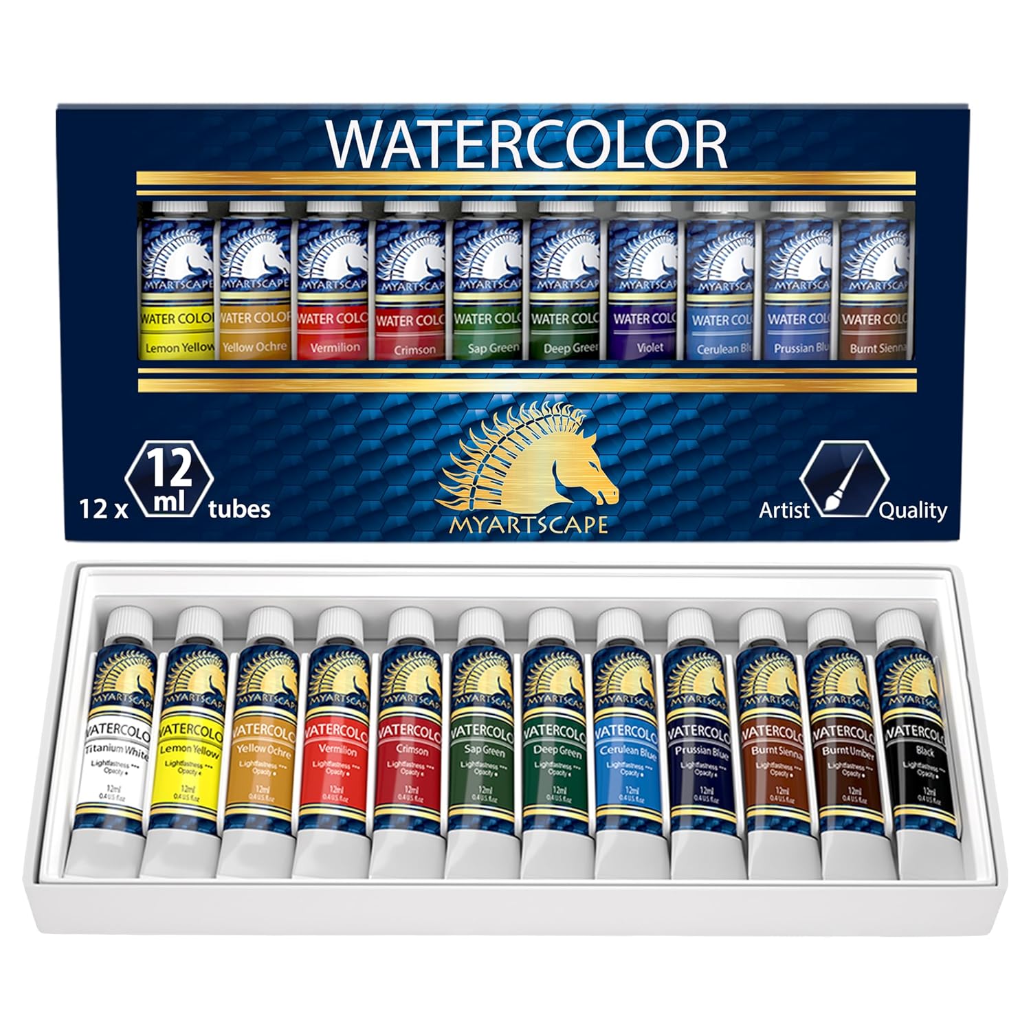 Watercolor Paint Set - 12 X 12Ml Tubes - Lightfast - Highly Pigmented - Vibrant Colors - Fade Proof - Painting Kit For Adults & Hobby Painters - Professional Watercolors Art Supplies