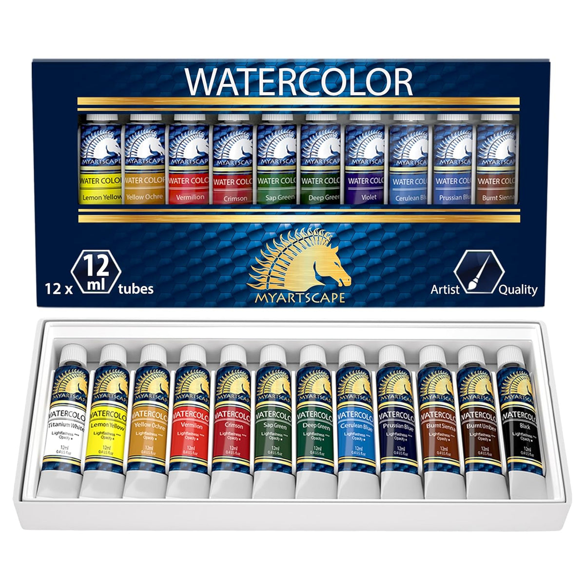 Watercolor Paint Set - 12 X 12Ml Tubes - Lightfast - Highly Pigmented - Vibrant Colors - Fade Proof - Painting Kit For Adults & Hobby Painters - Professional Watercolors Art Supplies