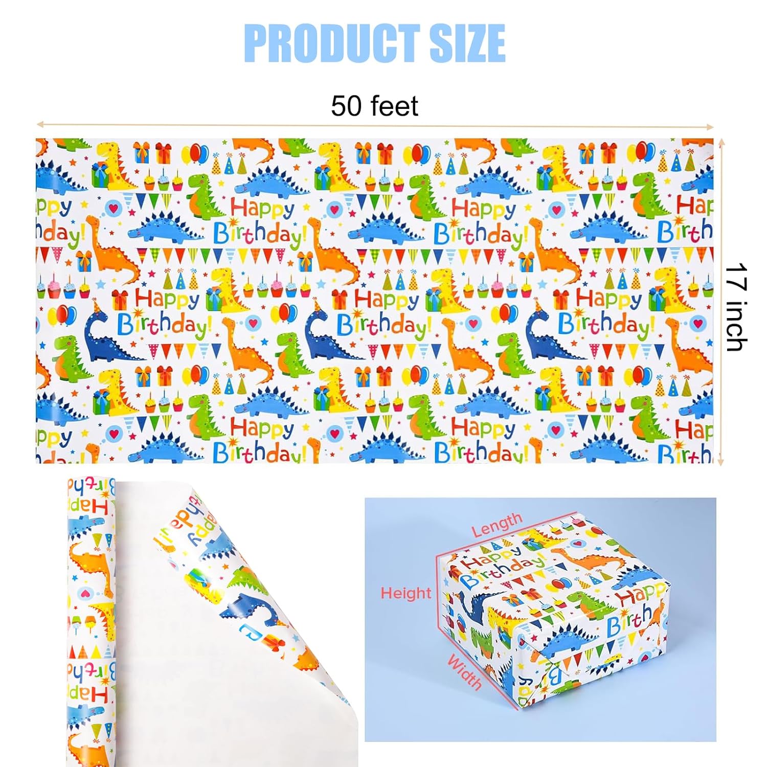 Dinosaur Birthday Wrapping Paper Roll - Mini Roll - 17 Inches X 50 Feet - Happy Birthday Wrapping Paper Kids Wrapping Paper Rolls Boy Dinosaur Gift Wrap Paper Dinosaur Party Favor Happy Bday Wrap