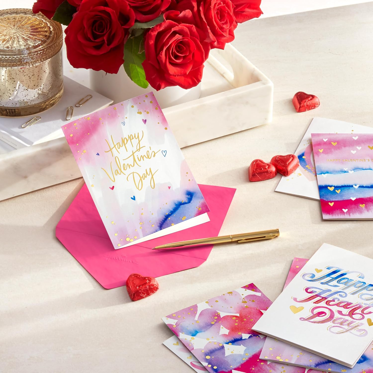 Hallmark Valentine's Day Cards Assortment, Gold Foil and Watercolor (36 Cards and Envelopes)