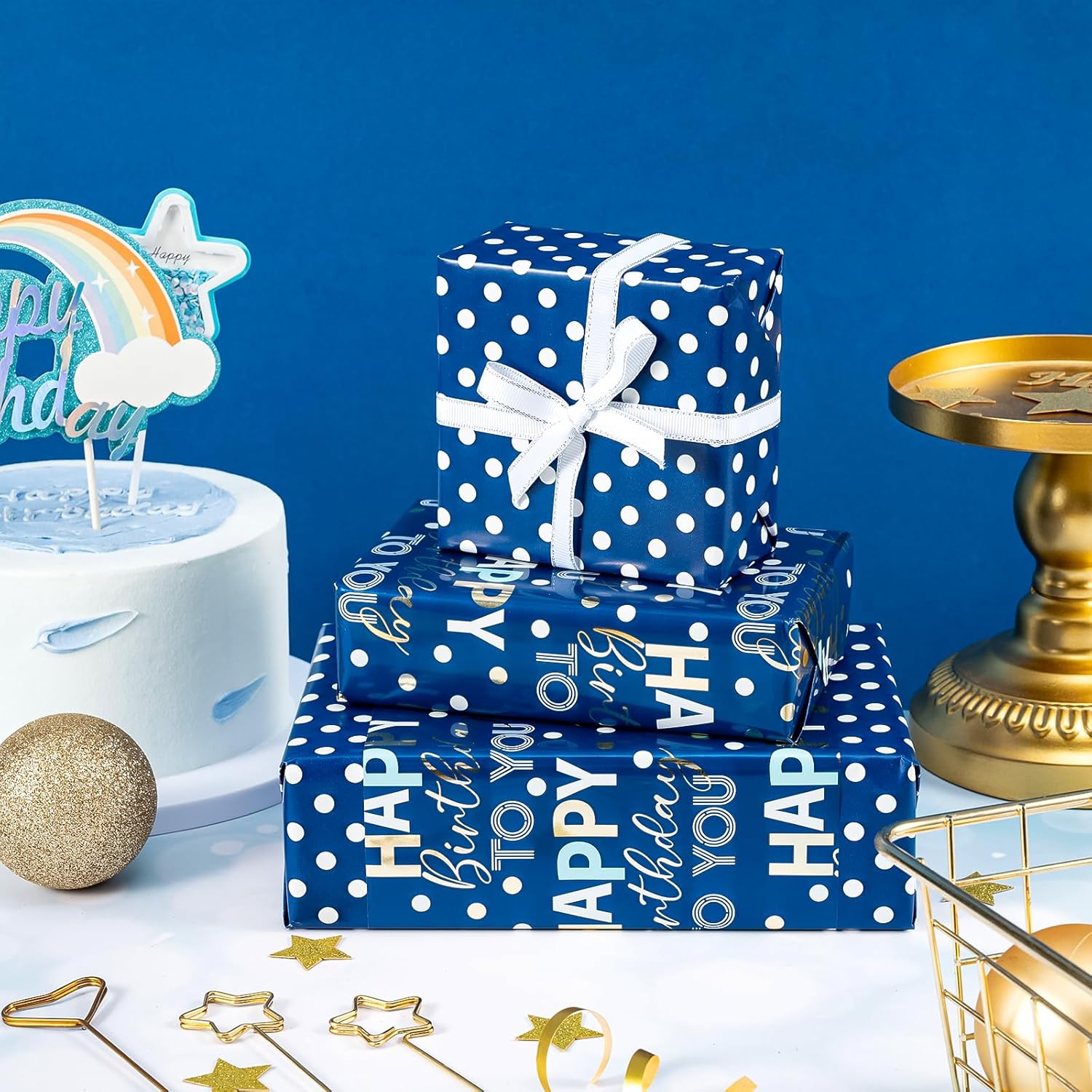 Reversible Birthday Wrapping Paper - Mini Roll - 17 Inch X 9.8 Feet - Blue And Gold Foil Happy Birthday Wrapping Paper For Boys, Men, Kids, Baby Shower