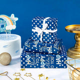 Reversible Birthday Wrapping Paper - Mini Roll - 17 Inch X 9.8 Feet - Blue And Gold Foil Happy Birthday Wrapping Paper For Boys, Men, Kids, Baby Shower
