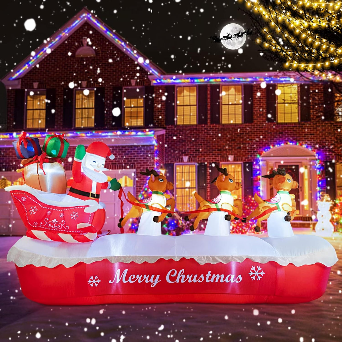 10 Ft Christmas Inflatables Outdoor Decorations Santa Claus On Sleigh, Blow Up Cute Elks Pulling Santa'S Inflatable Yard