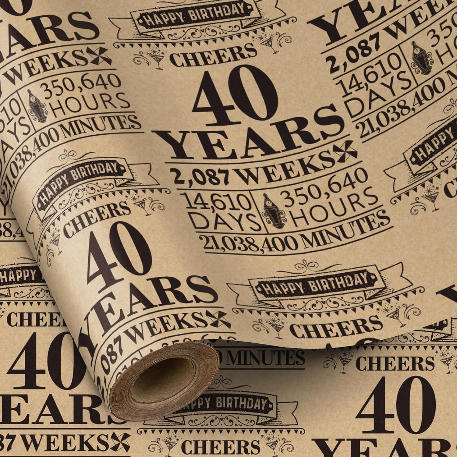 Black 40Th Birthday Wrapping Paper Roll, Letter Print, 17 Inches X 16.4 Feet, Perfect For Birthday Gifts