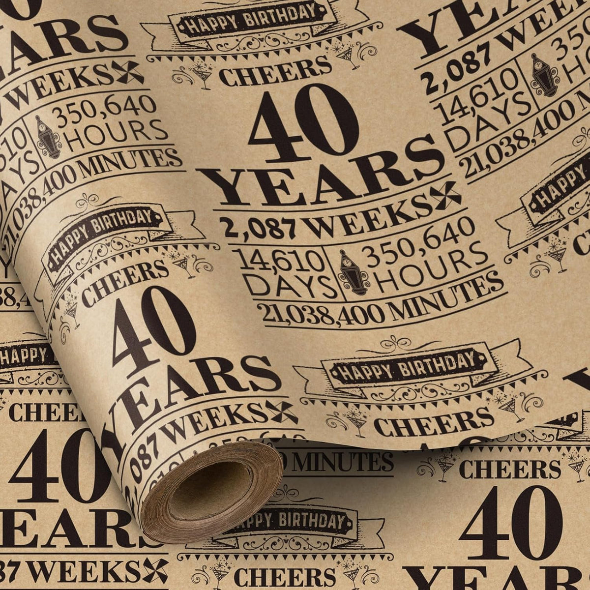 Black 40Th Birthday Wrapping Paper Roll, Letter Print, 17 Inches X 16.4 Feet, Perfect For Birthday Gifts