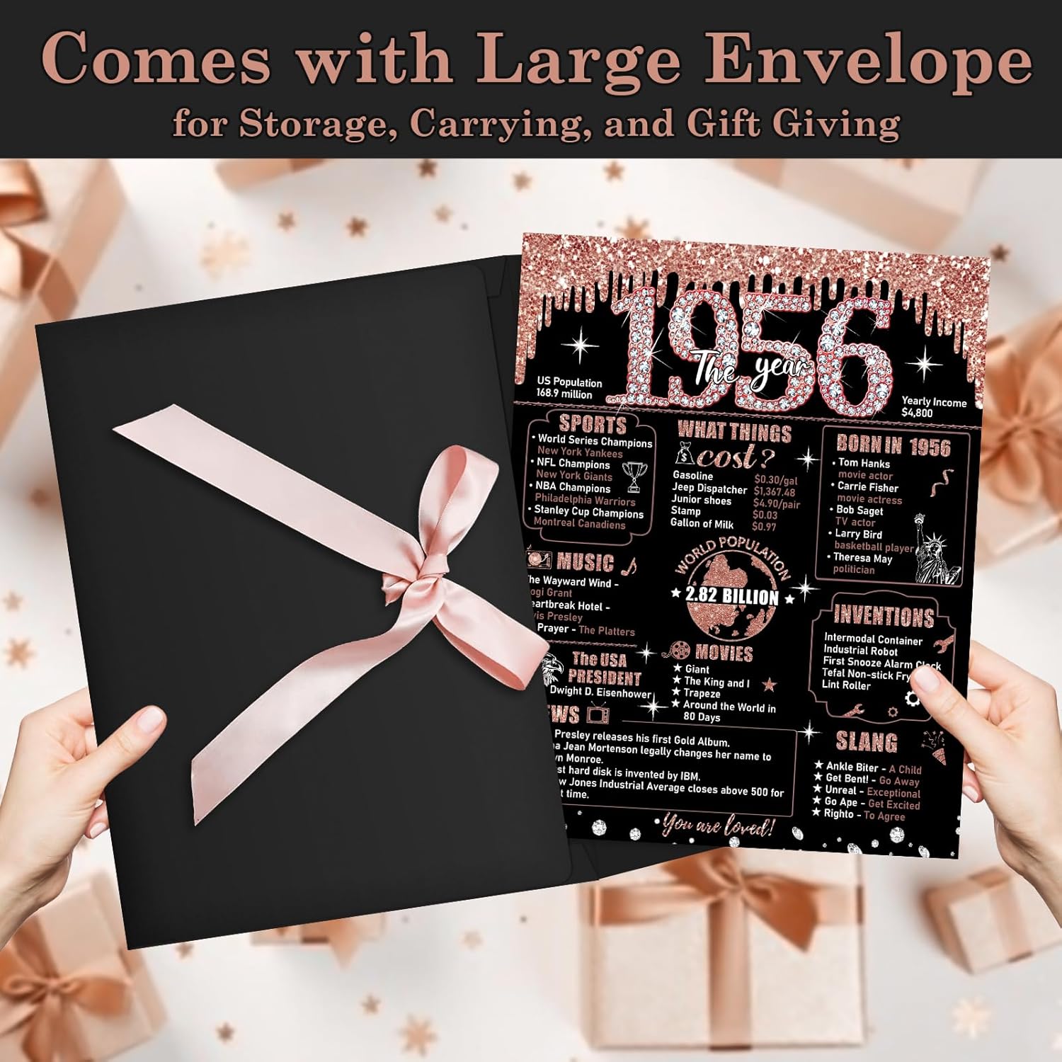 Large 70Th Birthday Card For Women With Envelope, Black Rose Gold Happy 70Th Birthday Guest Book Gifts Jumbo Seventy Greeting Card 1956 Decorations Party Supplies