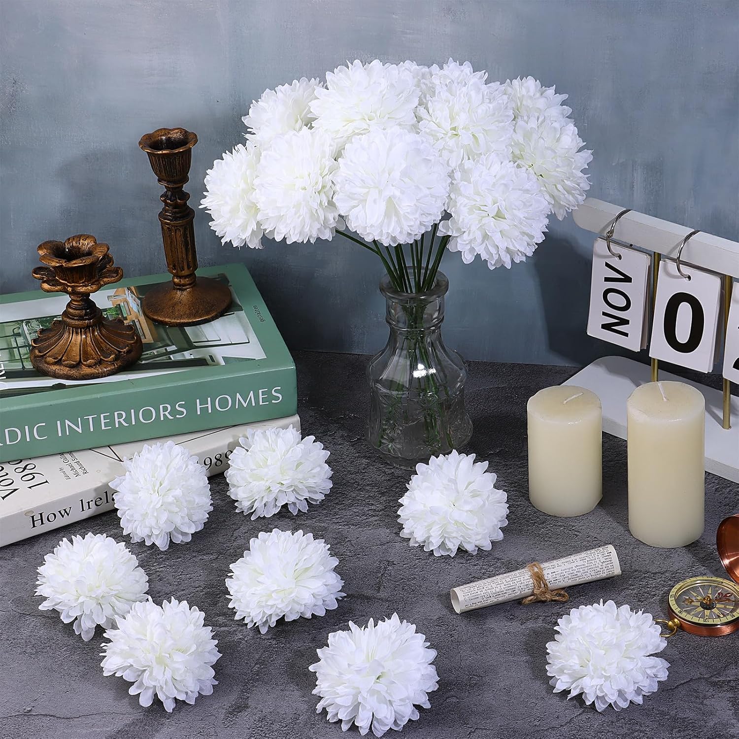50Pcs Artificial Chrysanthemums Heads Ball Flowers Homecoming Mum Flower Bulk 2.9'' Silk Mum Supplies Artificial Homecoming Mum Supplies White Tissue Hanging Paper Pom-Poms For Party Wedding Home (50)