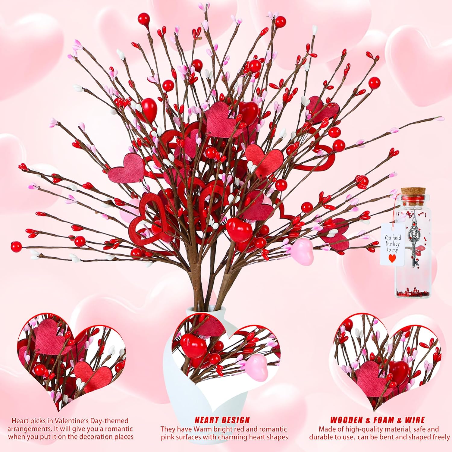 Valentine'S Day Gifts, 6Pcs Heart-Shaped Berry Picks, 16.5 Inches, Artificial Flower, Red, Romantic/Valentine'S Day, Flower Stems, Artificial Hearts