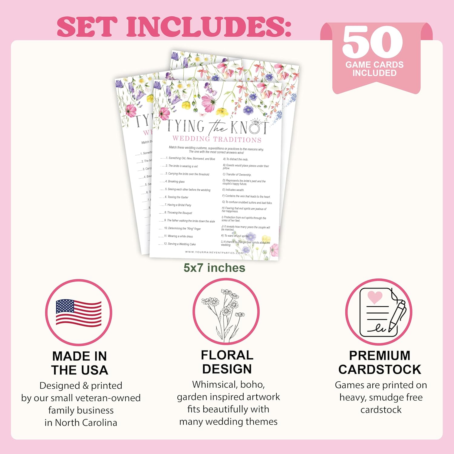 Bridal Shower Games Tying The Knot Wedding Traditions Trivia, 50 Cards Included (Floral)