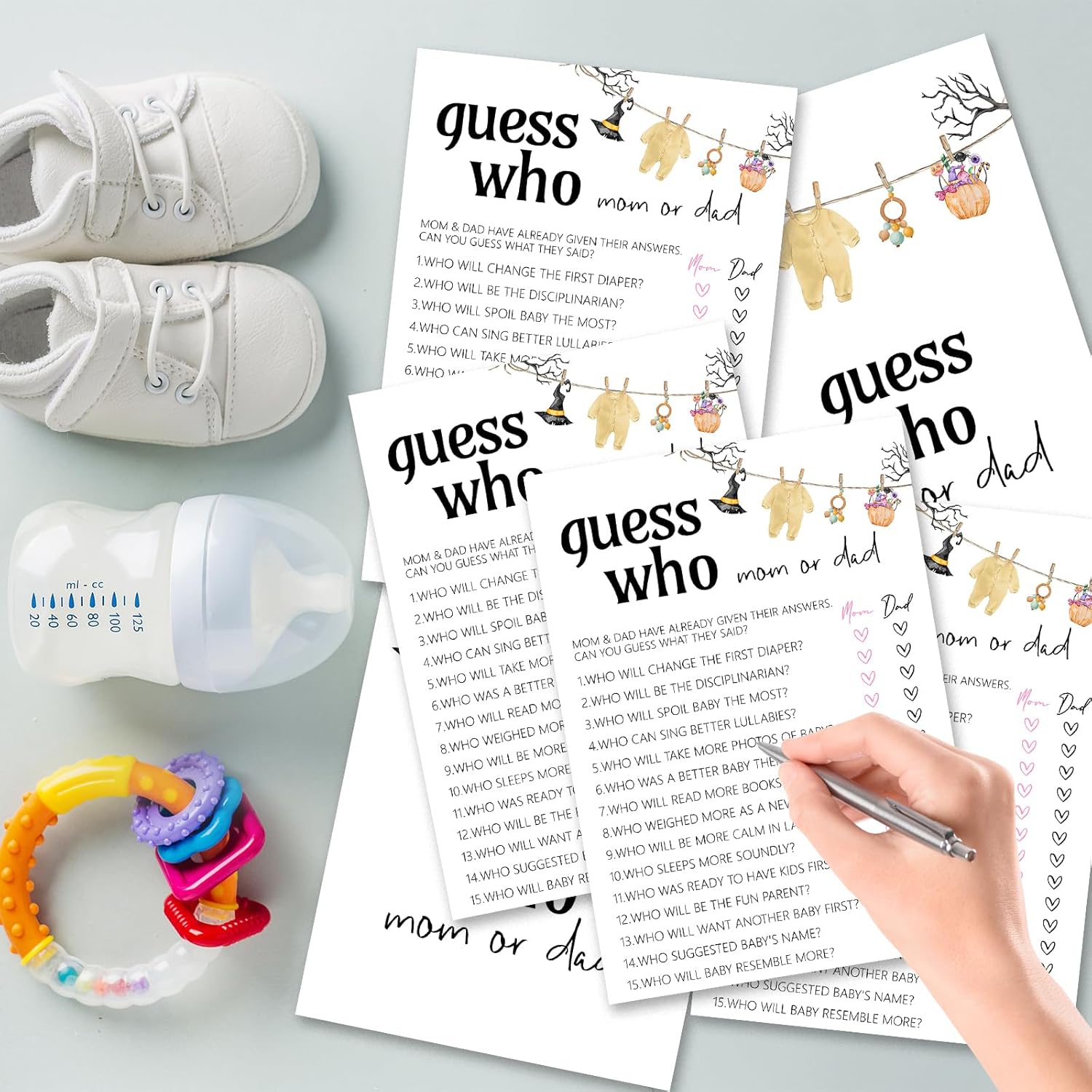 Hilarious Baby Shower Games, 25 Sets Halloween Guess Who Mom Or Dad Game Cards, Little Boo Gender Reveal Baby Announcement Party Decorations Supplies - B01