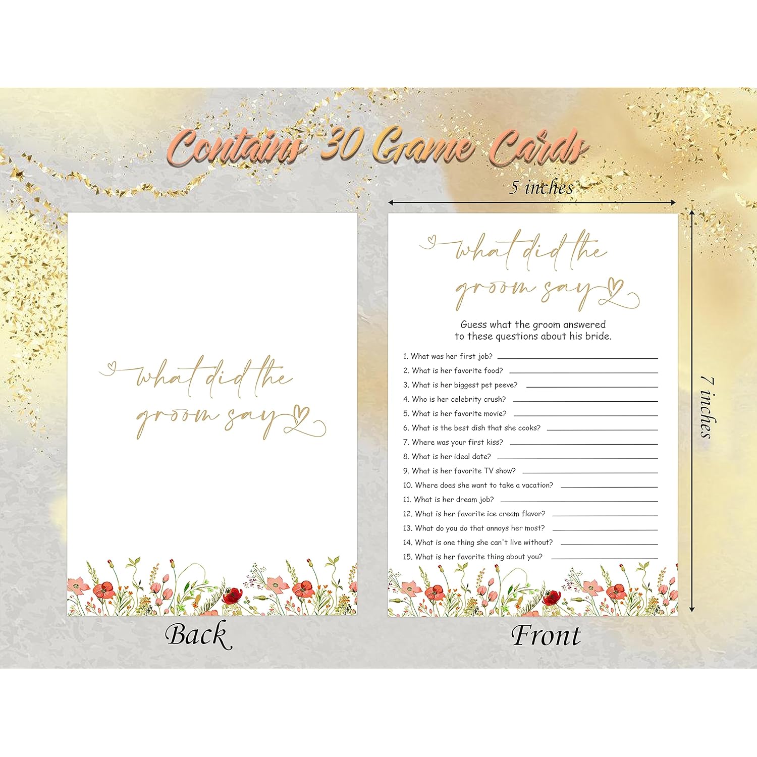 What Did The Groom Say - Bridal Shower Game, Wedding Shower And Bachelorette Party - Set Of 30 Cards, Boho Floral Bridal Wedding Activities Game Cards For Guests, Bridal Shower Party Decorations-Lk2