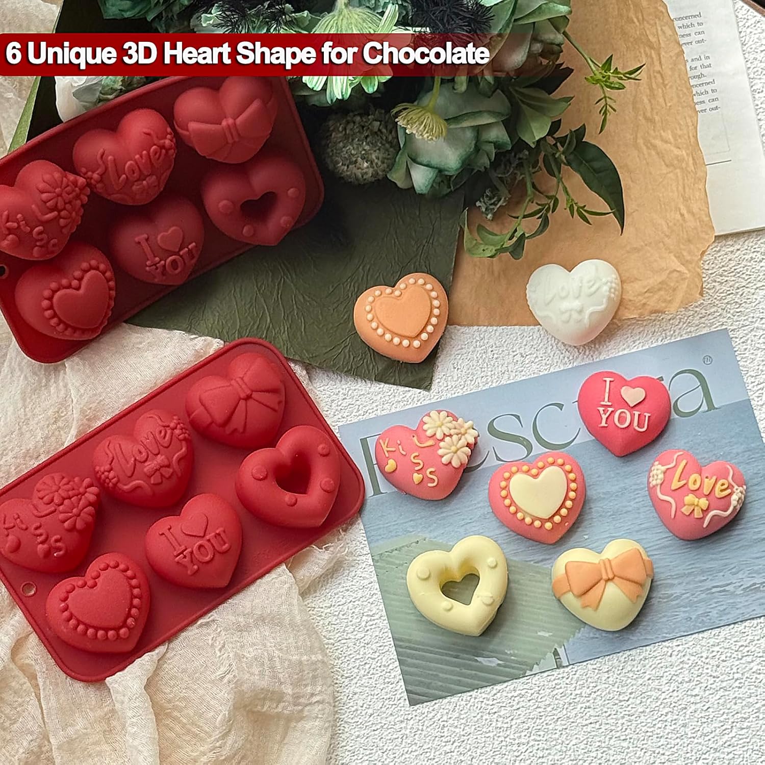 2 Pack Silicone Heart Mold, 6 Unique Valentine'S Day Heart Chocolate Molds,Heart Shapes Silicone Baking Mold For Cake Chocolate Mousse, Food Grade Non-Stick Flexible Mold Oven Safe