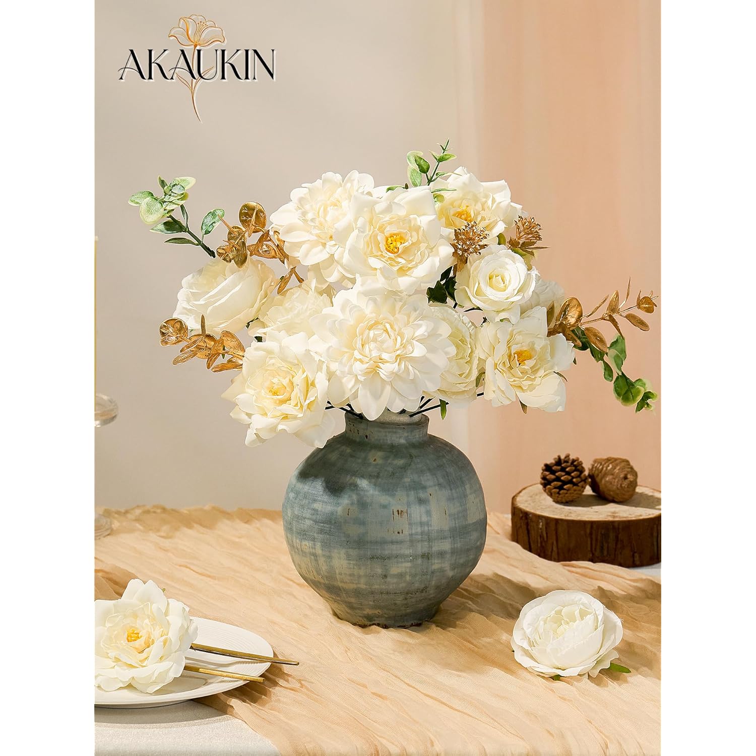 White Artificial Flowers Combo, Fake Silk Dahlia, Roses, Chrysanthemum Balls With Stems For Wedding Bridal Bouquets, Baby Shower, Party, Table Centerpieces, Home Decor & Diy Floral Arrangements