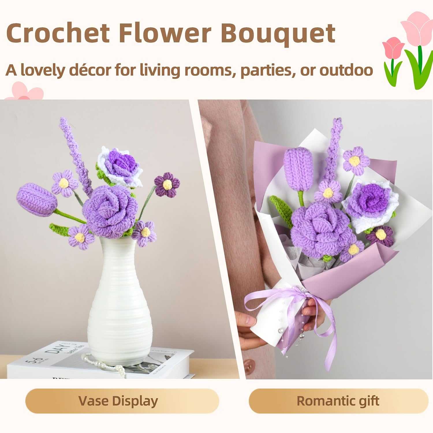 Purple Crochet Flower Bouquet, Handmade Crochet Flowers, Knitted Flowers Gift For Her, Gift For Women With Gift Box, Bag And Card