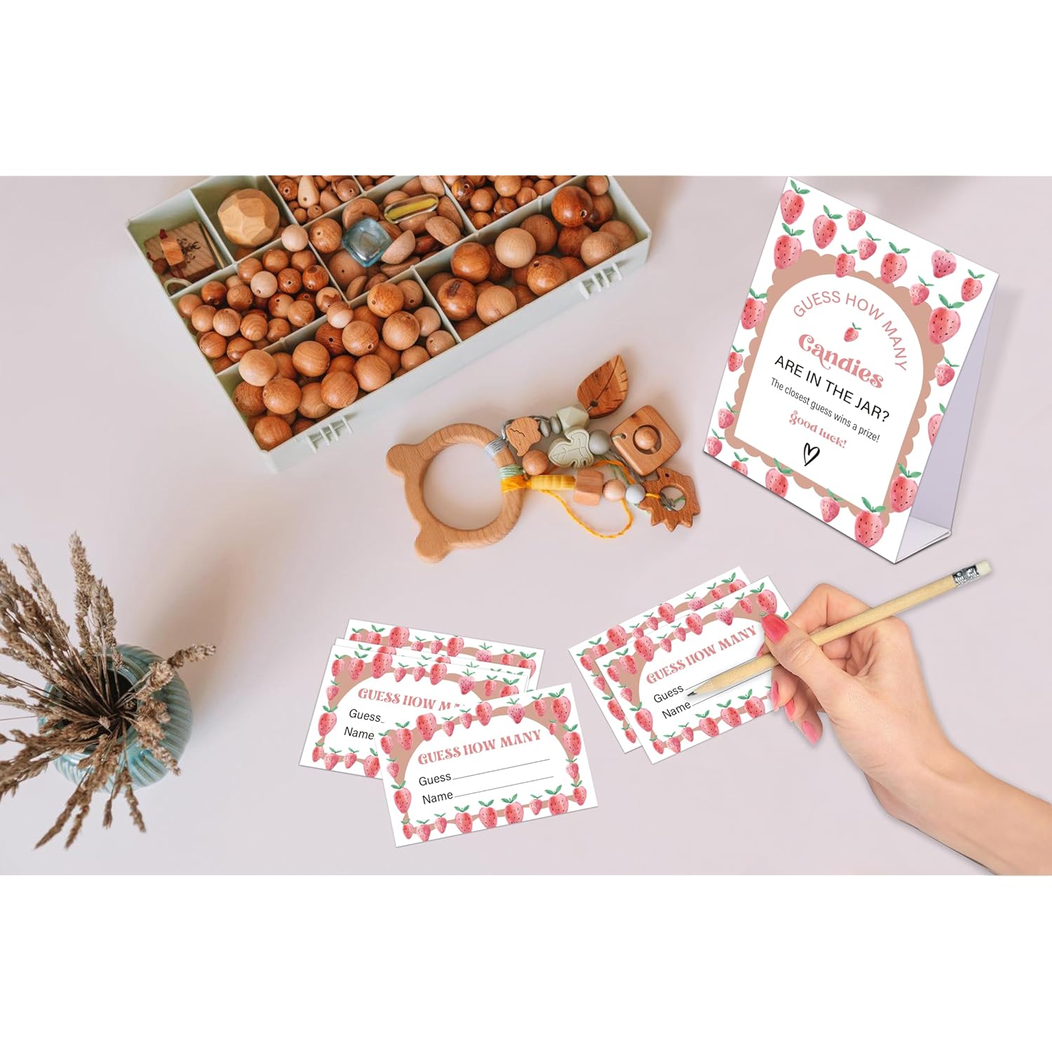 Strawberry Baby Shower Game, Guess How Many Candies Are In The Jar, Pack Of 1 Sign And 50 Guessing Cards, Baby Shower Decoration, Gender Neutral - 11