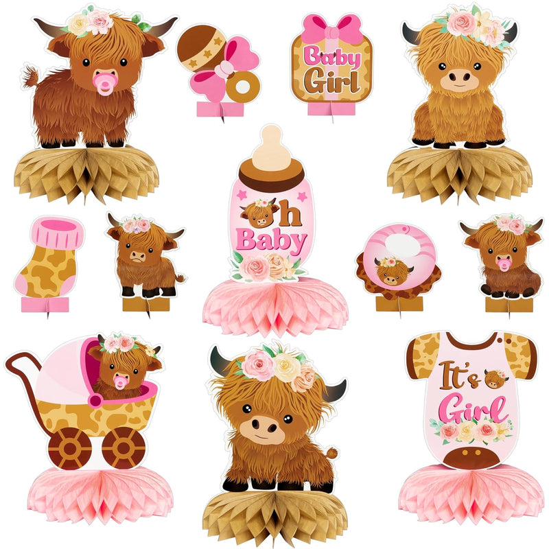 12Pcs Pink Highland Cow Honeycomb Centerpieces Floral Highland Cattle