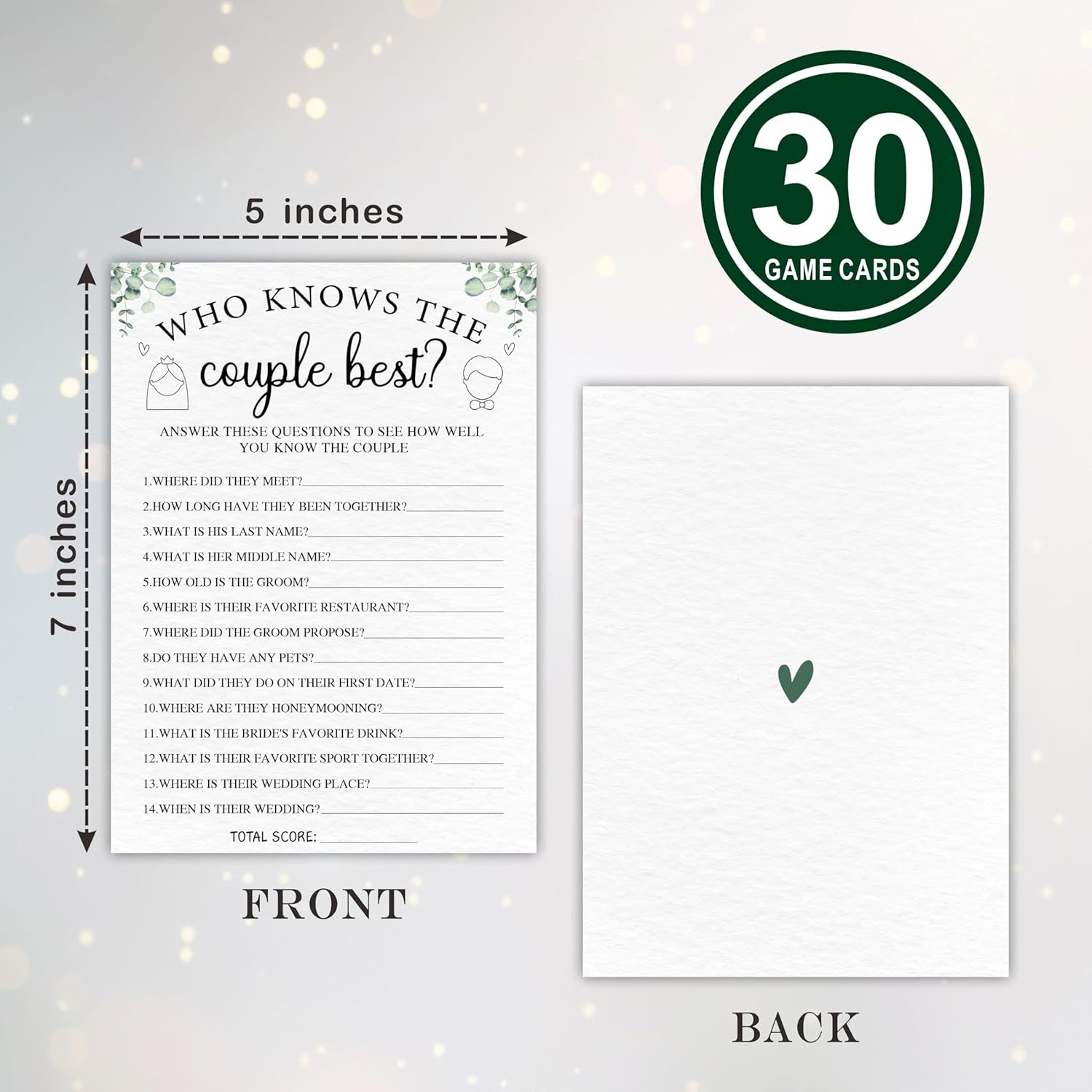 30 Bridal Shower Game Cards, Who Knows The Couple Best Eucalyptus Leaf Plant Themed Wedding Games, Suitable For 30 Guests? Engagement? Wedding Party Activity Games? Favors & Supplies - A06