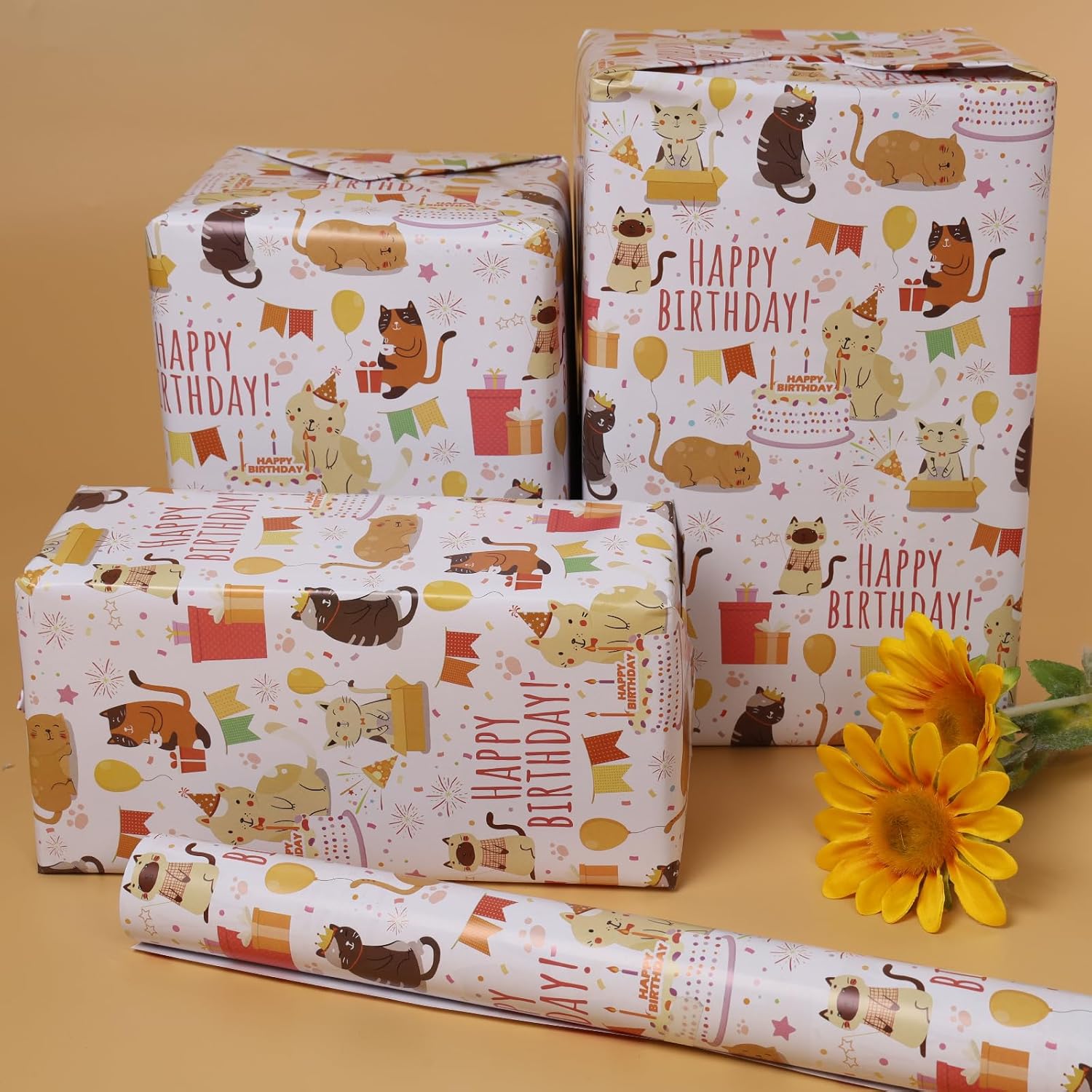 Cat Wrapping Paper 17 Inch X 10 Ft Mini Roll For Girls And Boys, Cool Cute Cats Design Kids Happy Birthday Wrapping Paper Roll Kitten Gift Wrap Paper, Suitable For Birthdays, Parties, Baby Showers