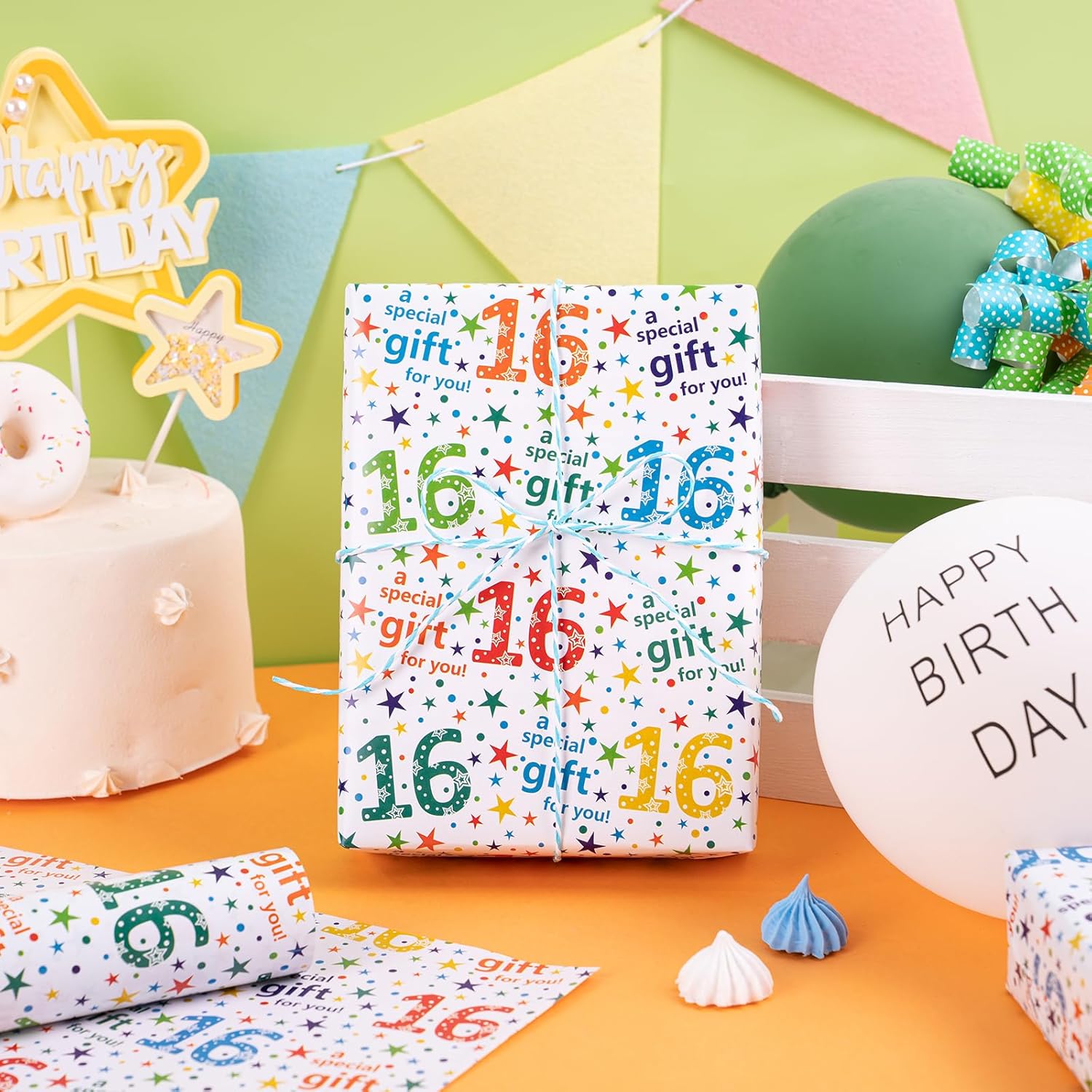 Birthday Wrapping Paper Sheet - 6 Sheets Colorful 16Th Birthday Design Folded Flat For Party, Baby Showers - 19.7 Inch X 27.5 Inch Per Sheet