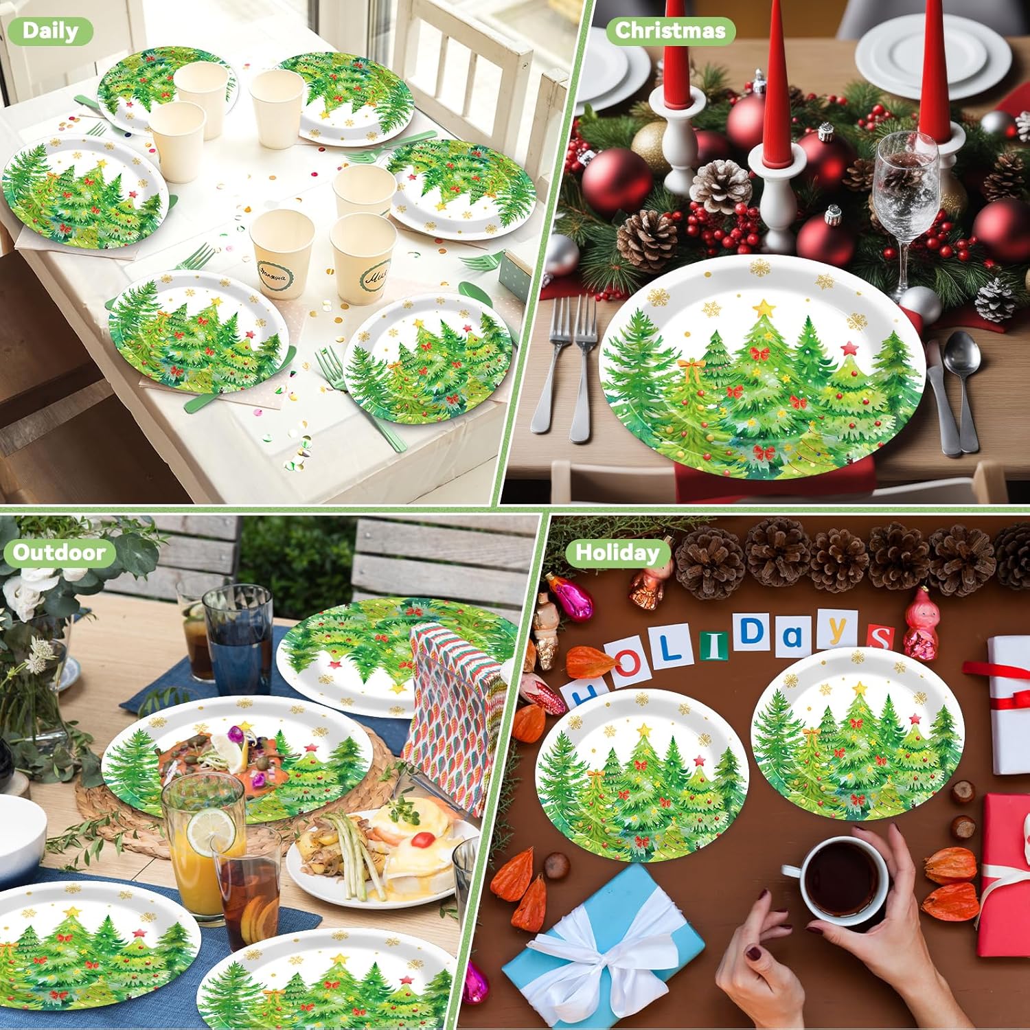 50Pcs Christmas Tree Oval Paper Plates 11Inch Holiday Winter Xmas Tree Table Platter Disposable Dish Tray Winter Tableware Set For Merry Xmas Birthday Party Dinner Supplies